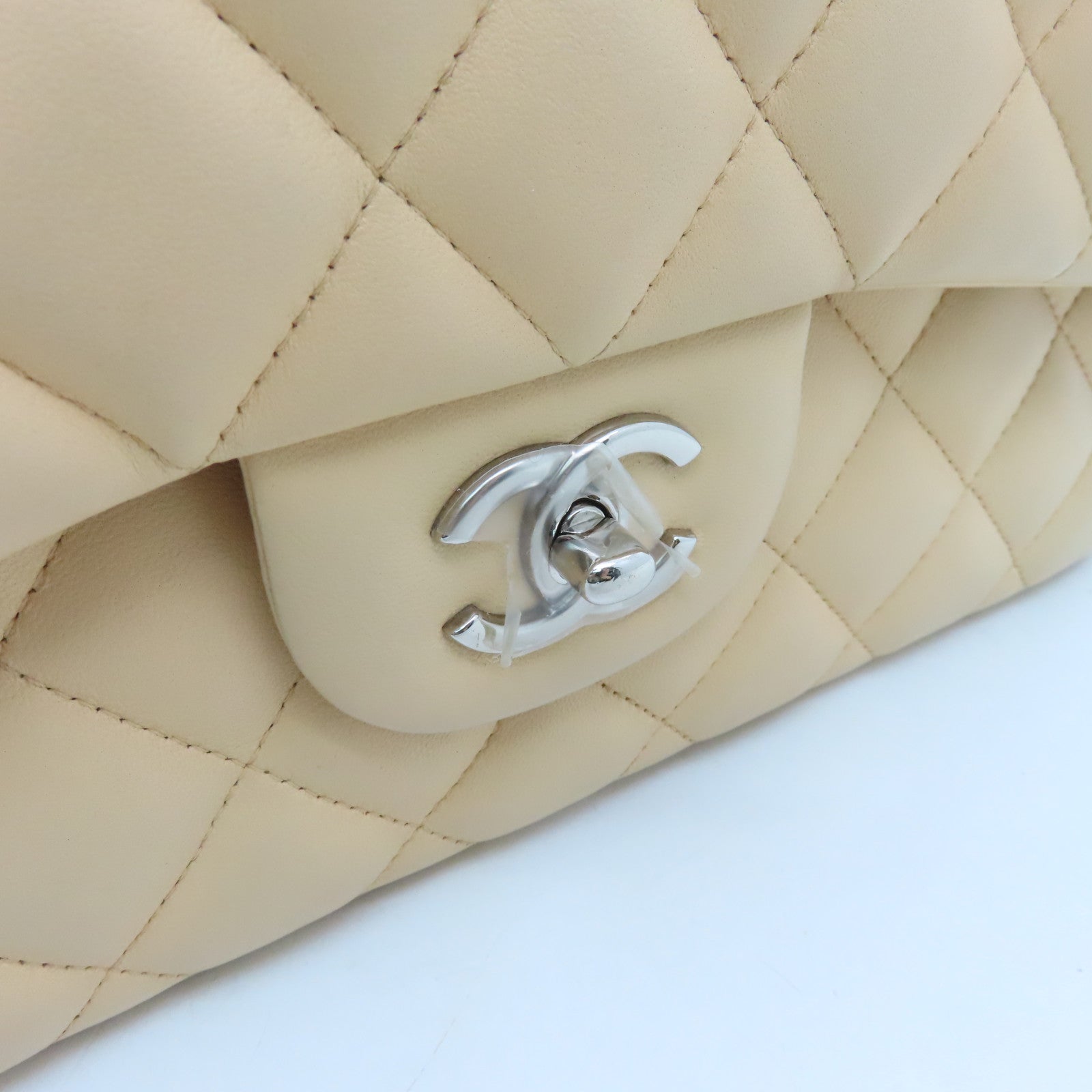CHANEL Diamond Sheepskin Leather Classic Silver Buckle Shoulder Bag Beige