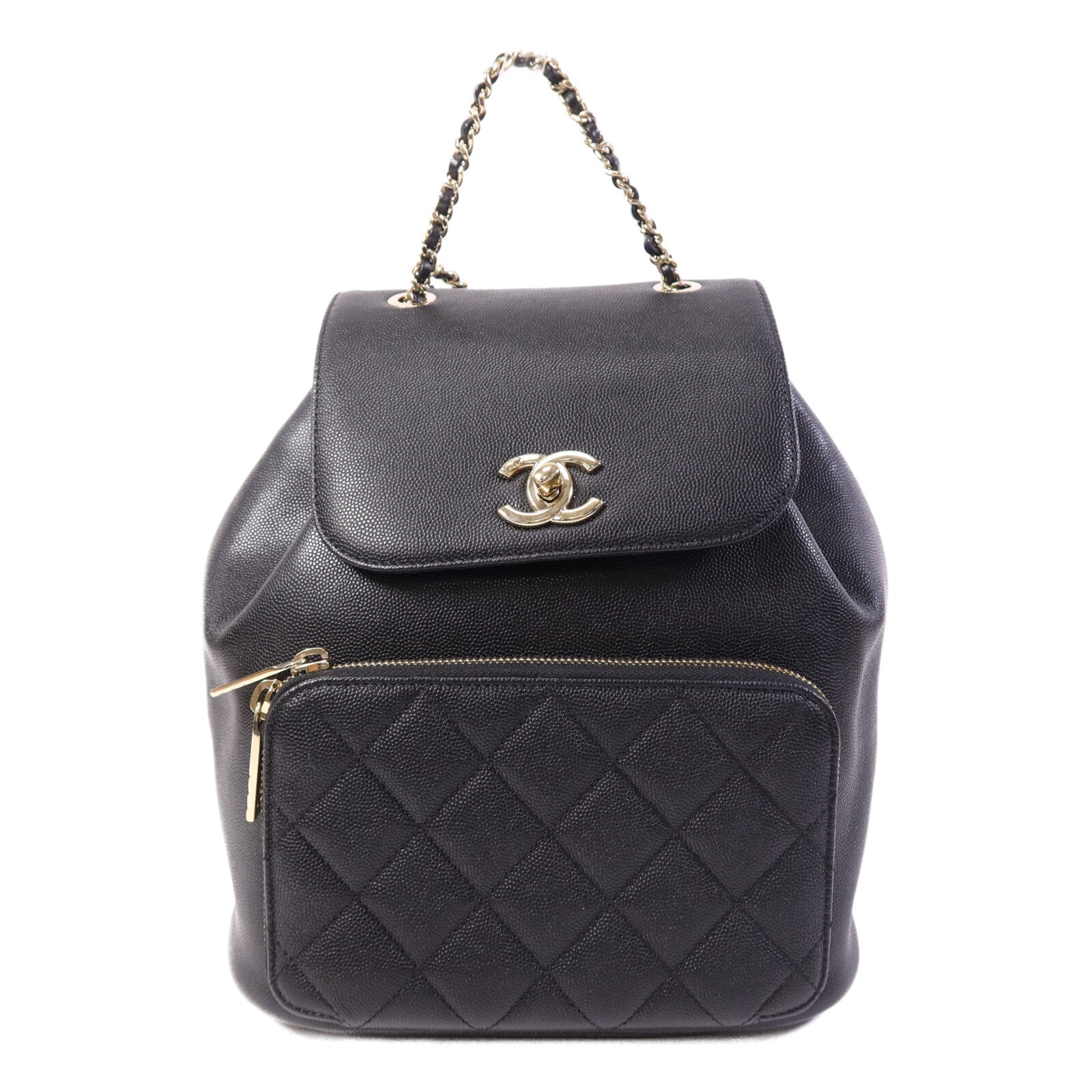 CHANEL 牛皮皮革Backpack金扣鏈帶背包