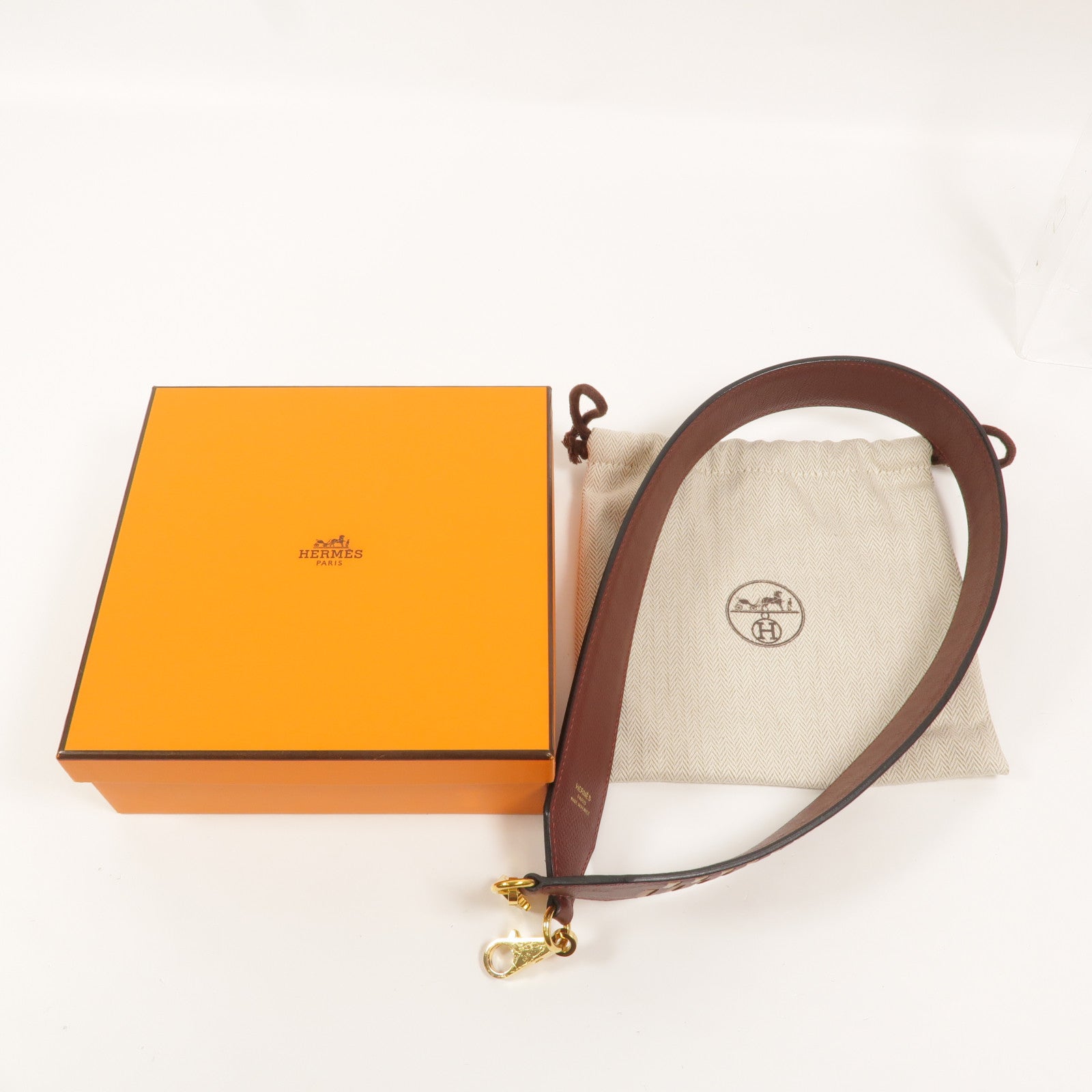 HERMES Epsom皮革Strap 70cm肩背帶Bordeaux/Gold/Craie