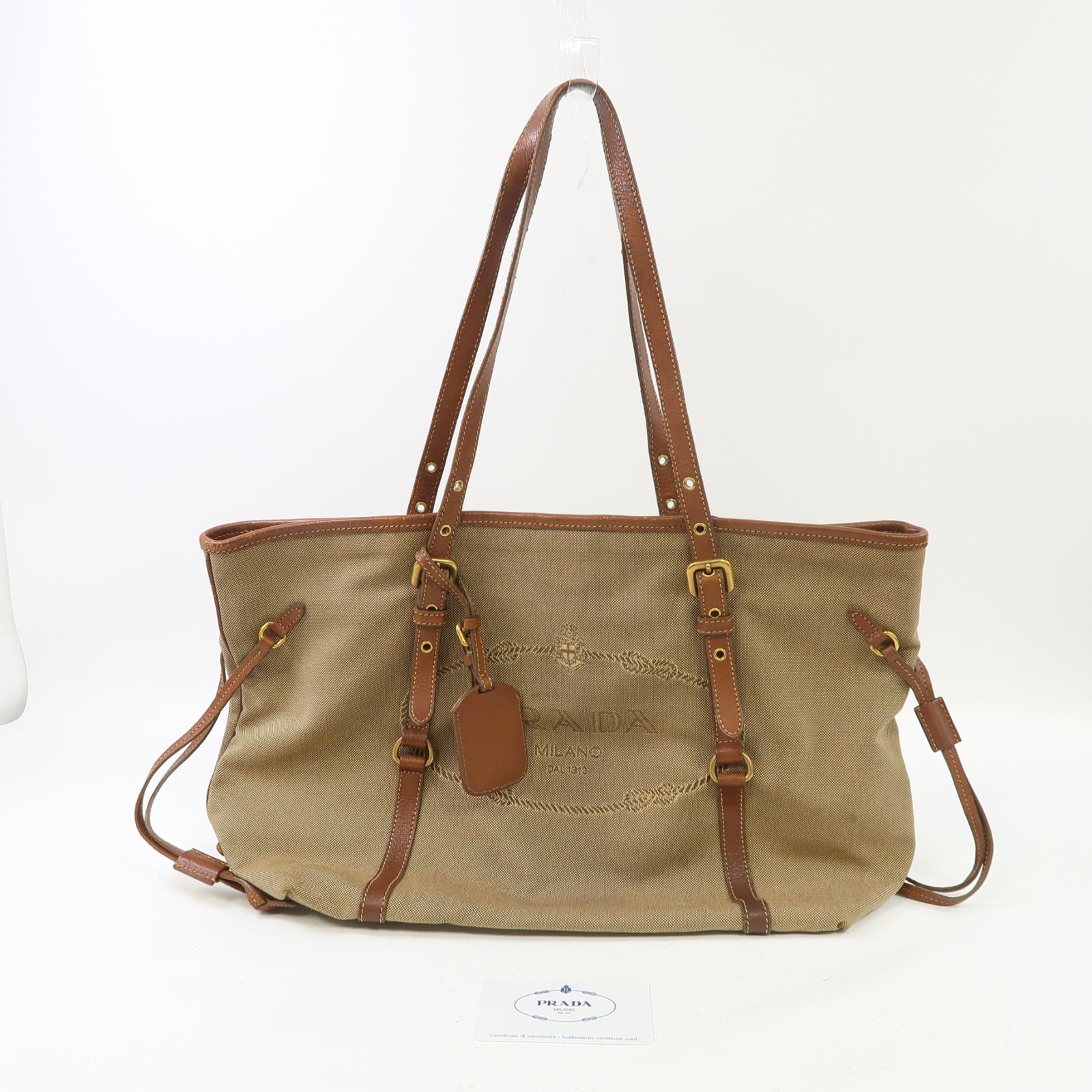PRADA 帆布Tote Bag金扣手挽袋啡色