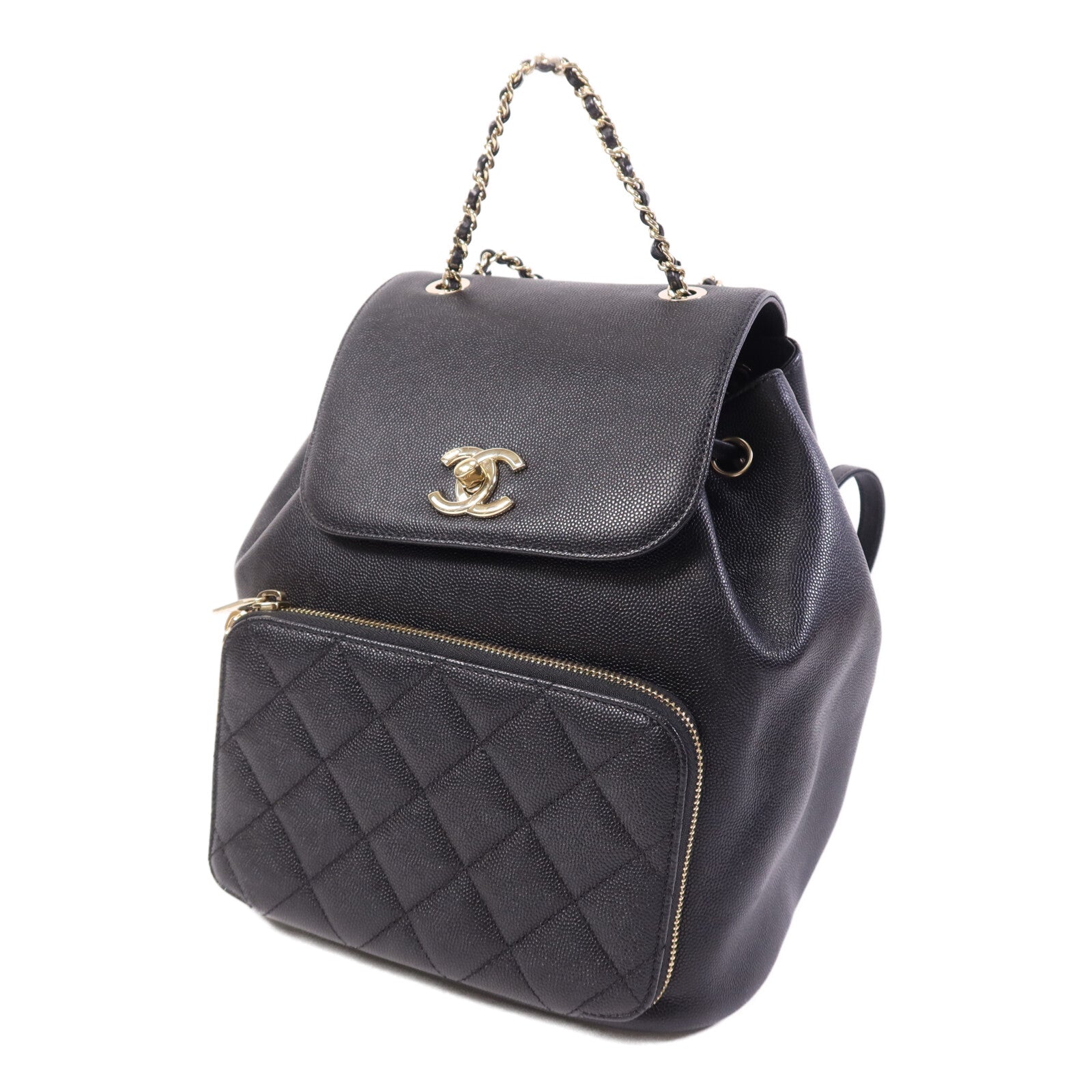 CHANEL 牛皮皮革Backpack金扣鏈帶背包