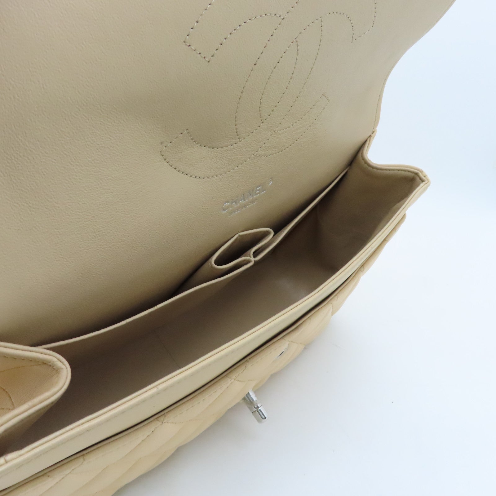 CHANEL Diamond Sheepskin Leather Classic Silver Buckle Shoulder Bag Beige