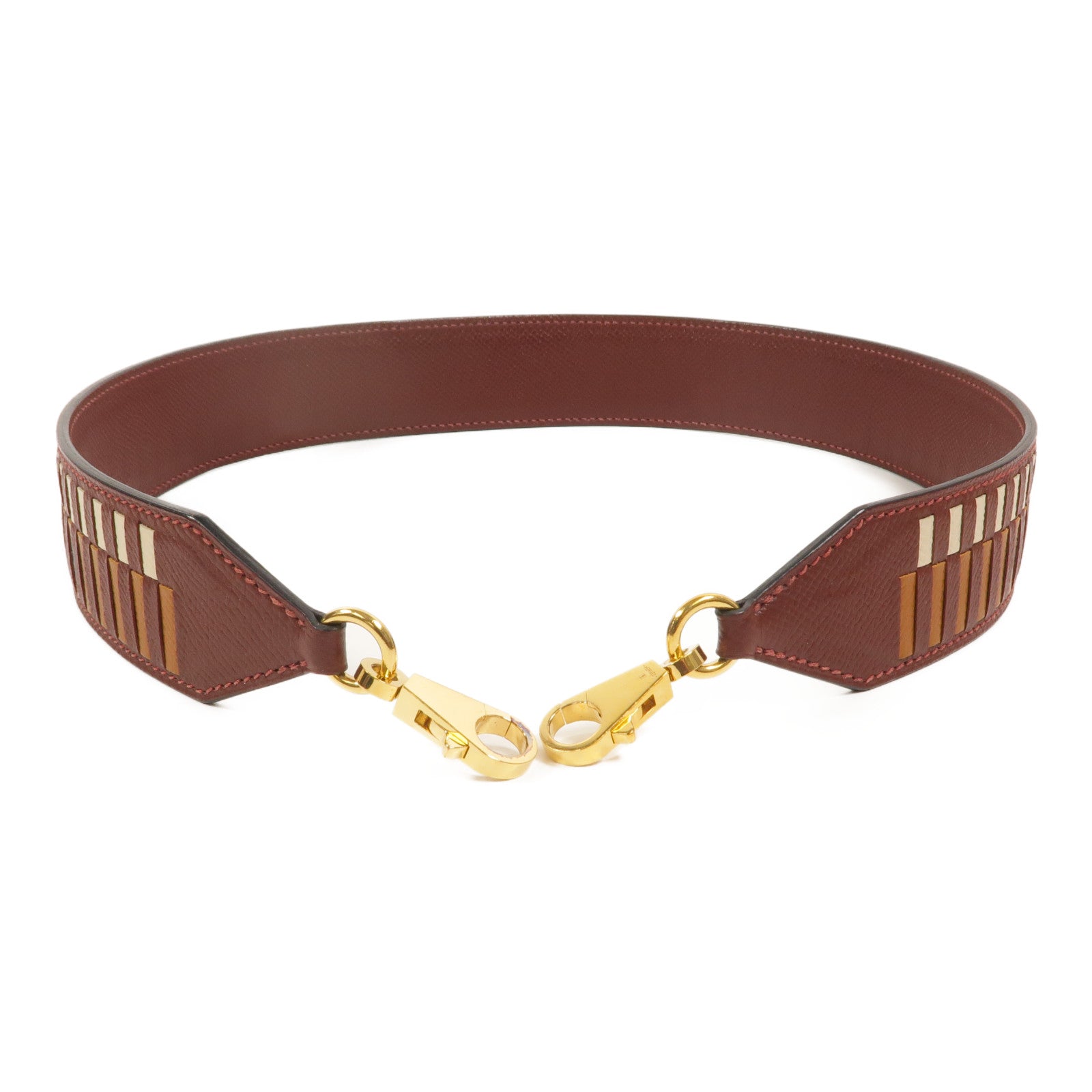 HERMES Epsom皮革Strap 70cm肩背帶Bordeaux/Gold/Craie