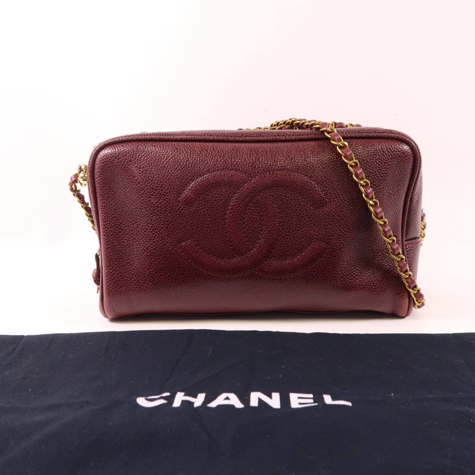 CHANEL 牛皮皮革Chain Shoulder金扣鏈帶肩背袋