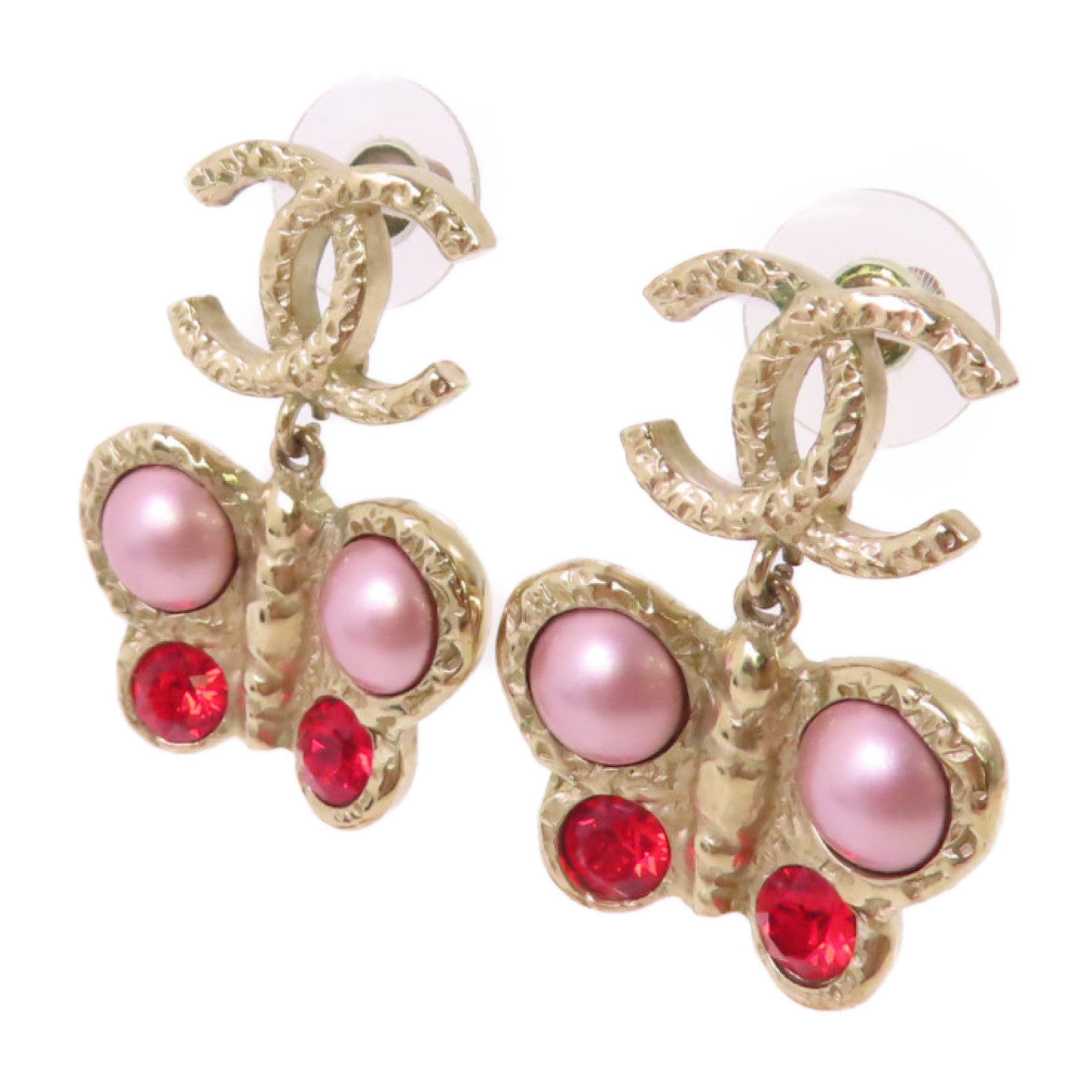 CHANEL 金屬/仿珍珠Earrings金扣耳環/紅色/淺紫色金色
