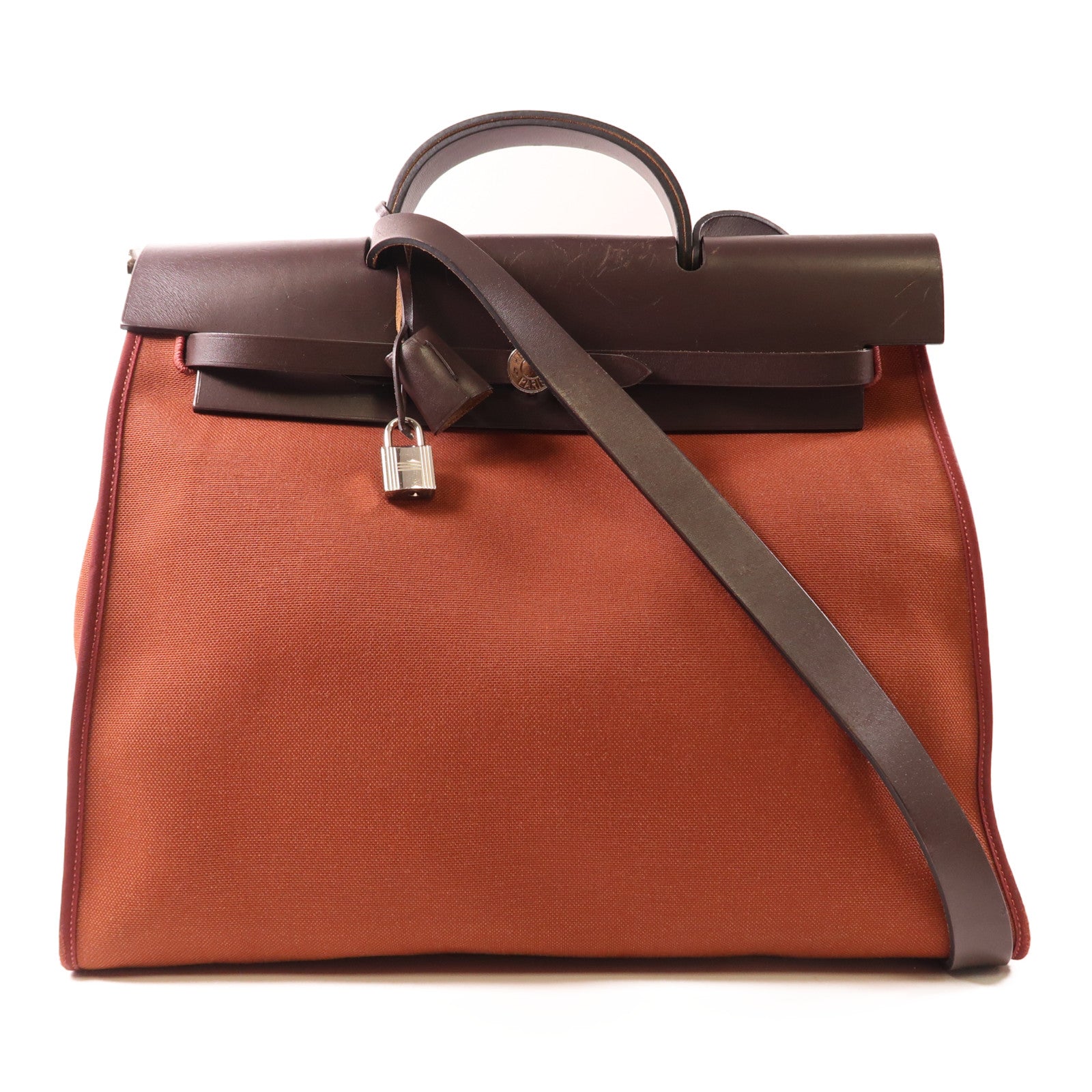HERMES 帆布Herbag GM銀扣手挽肩背兩用袋Brique棕色