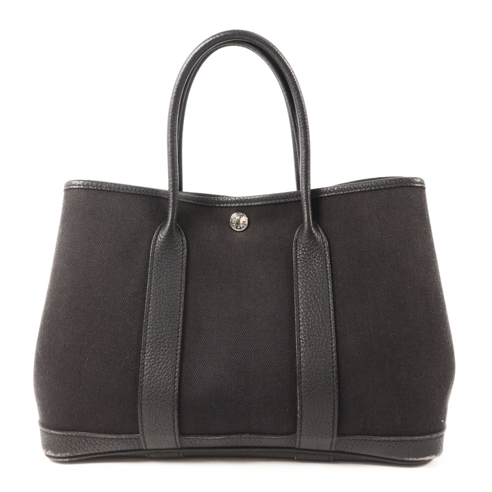 HERMES 帆布/Negonda皮革Garden Party TPM銀扣手挽袋Noir/Blue Indigo