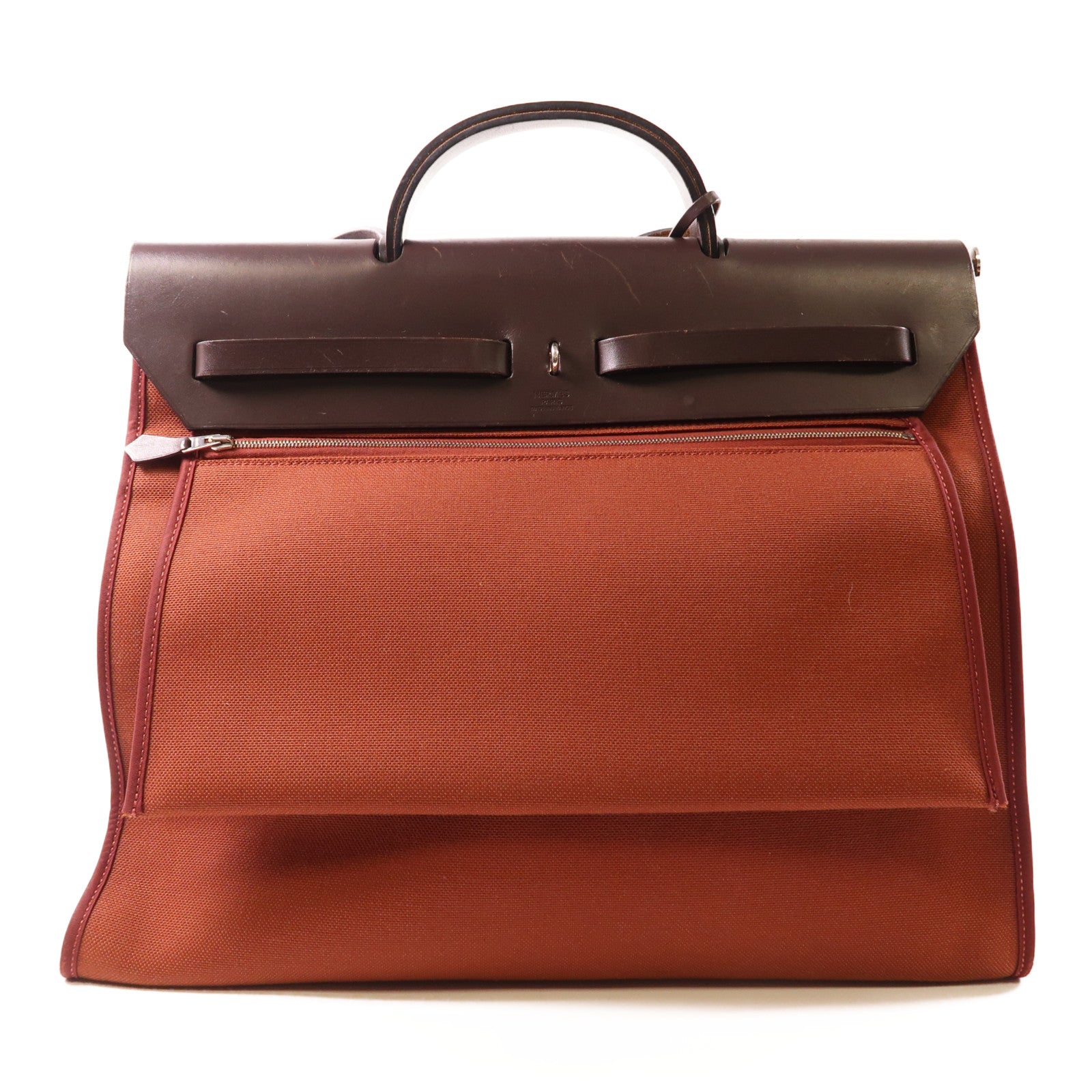 HERMES 帆布Herbag GM銀扣手挽肩背兩用袋Brique棕色