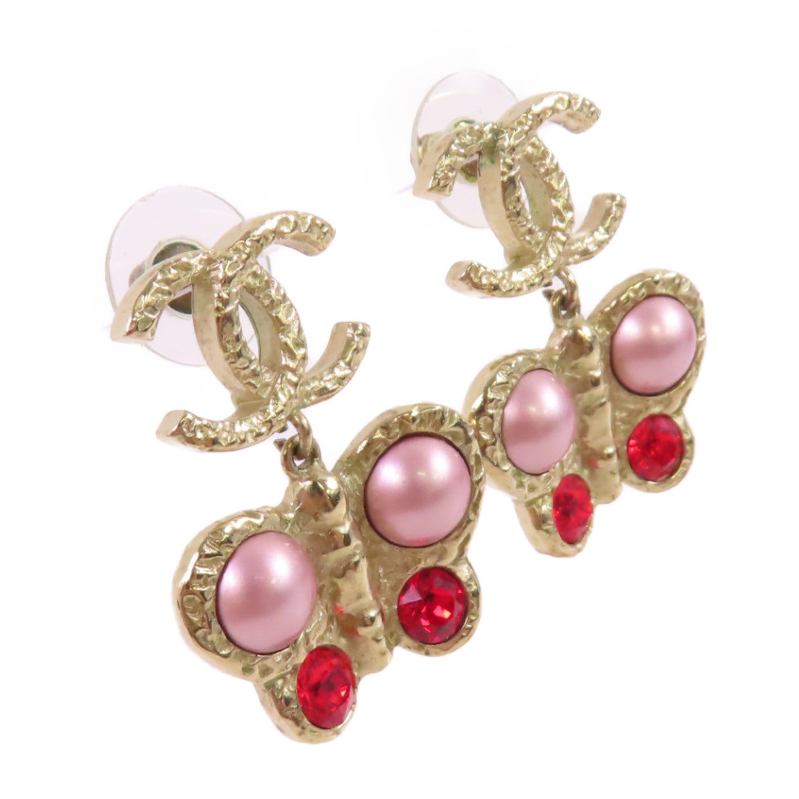 CHANEL 金屬/仿珍珠Earrings金扣耳環/紅色/淺紫色金色