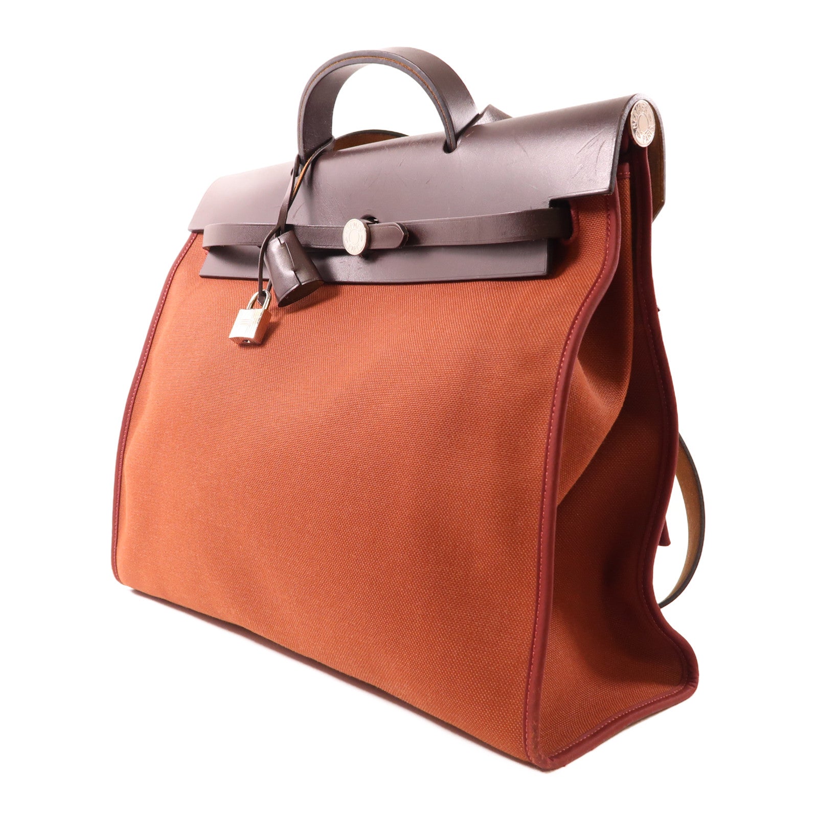 HERMES 帆布Herbag GM銀扣手挽肩背兩用袋Brique棕色