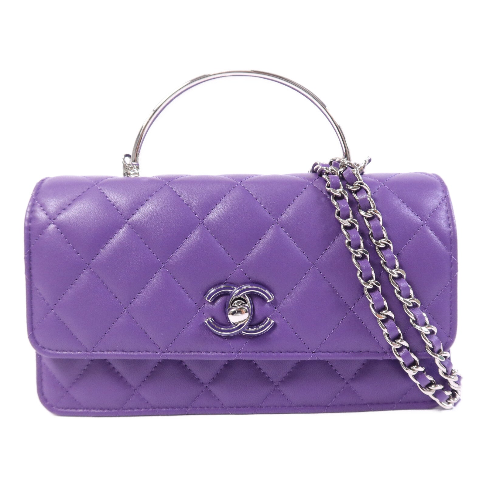 CHANEL 羊皮皮革Top Handle Chain Bag銀扣鏈帶手挽肩背兩用袋