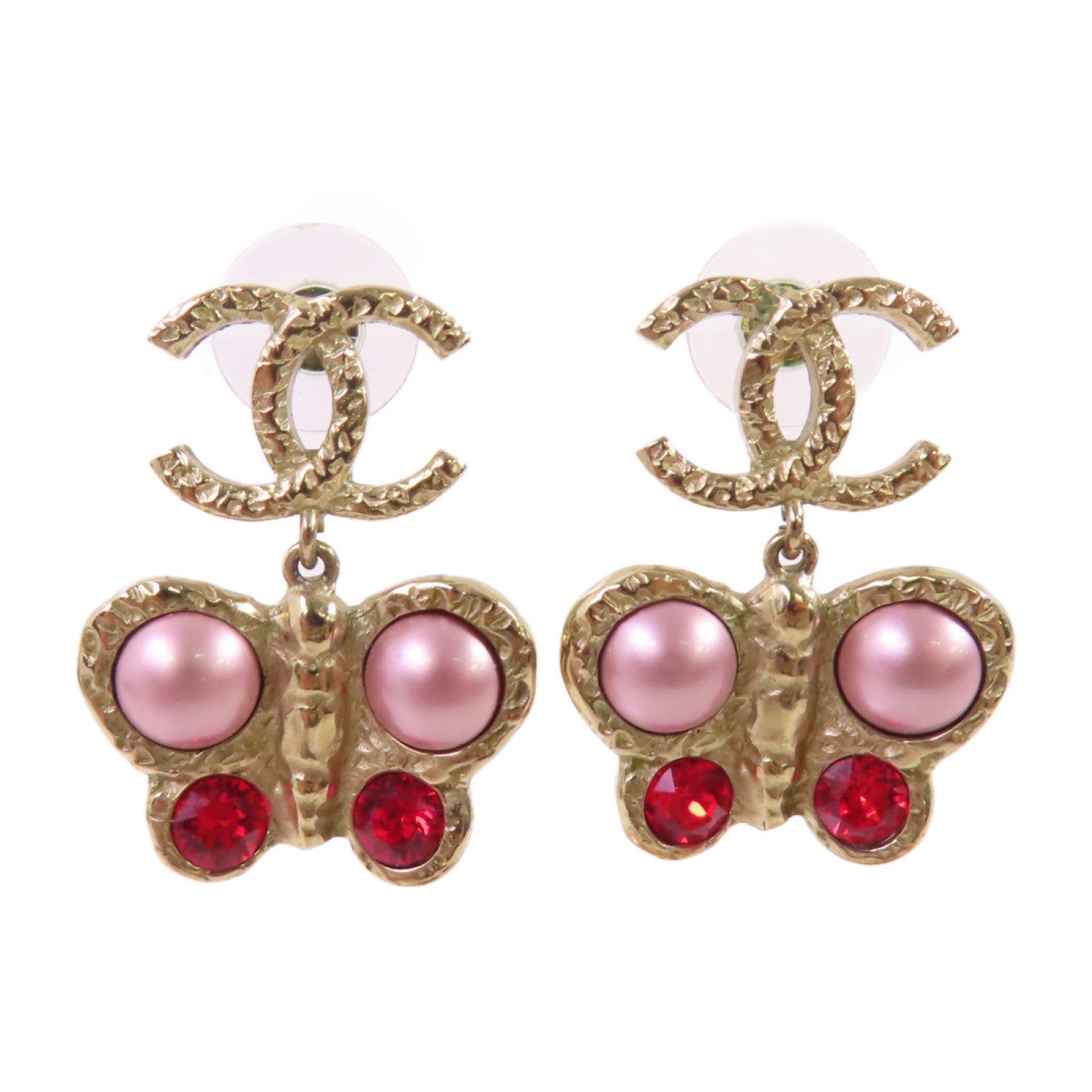 CHANEL 金屬/仿珍珠Earrings金扣耳環/紅色/淺紫色金色
