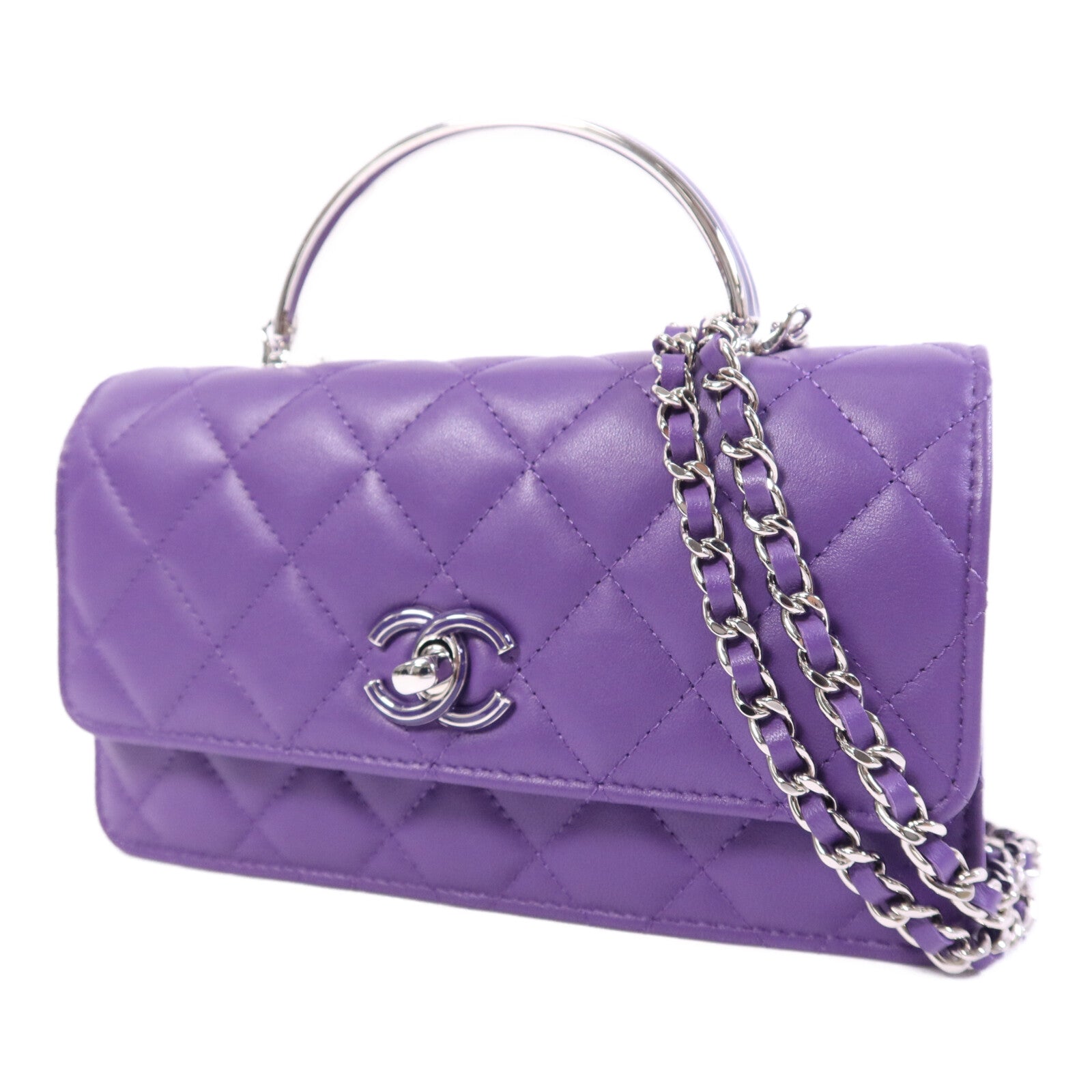 CHANEL 羊皮皮革Top Handle Chain Bag銀扣鏈帶手挽肩背兩用袋