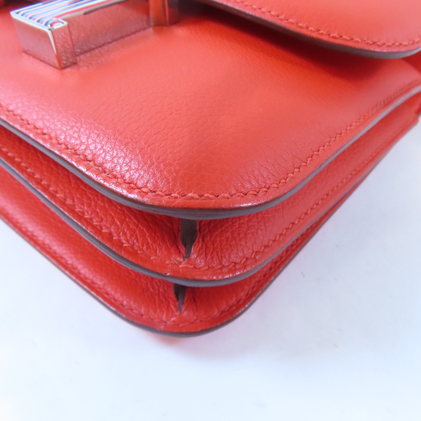 HERMES 【激減優惠】Evercolor皮革Mini Constance銀扣肩背袋Capucine/螢光橘色