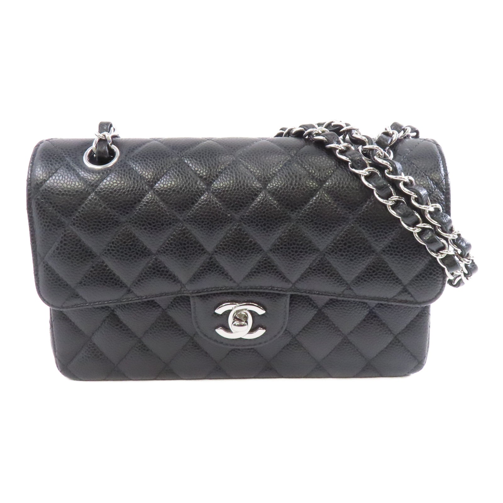 CHANEL 菱格Caviar皮革Classic Flap 23銀扣鏈帶肩背袋黑色