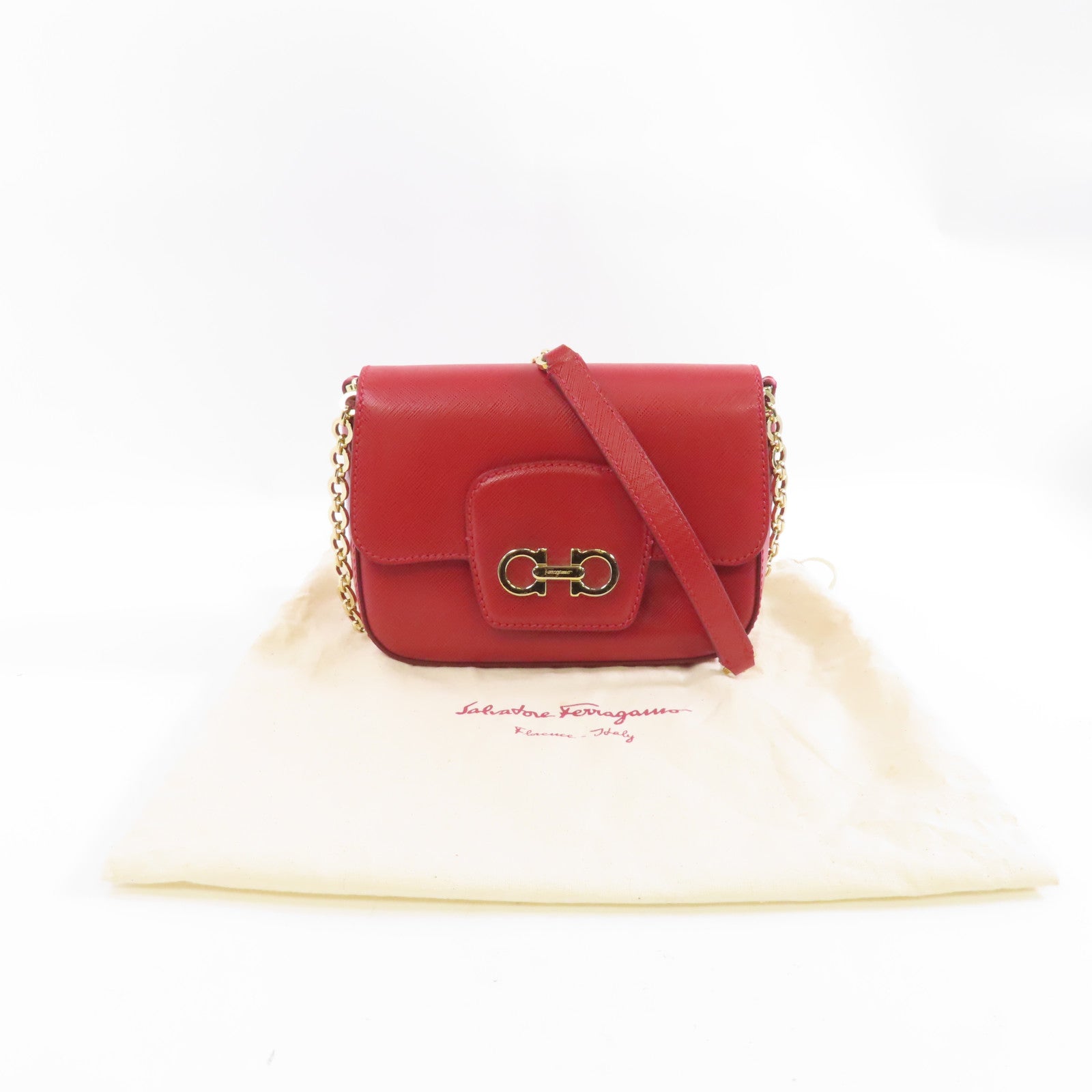 Salvatore Ferragamo 牛皮皮革Chain Shoulder金扣鏈帶肩背袋紅色