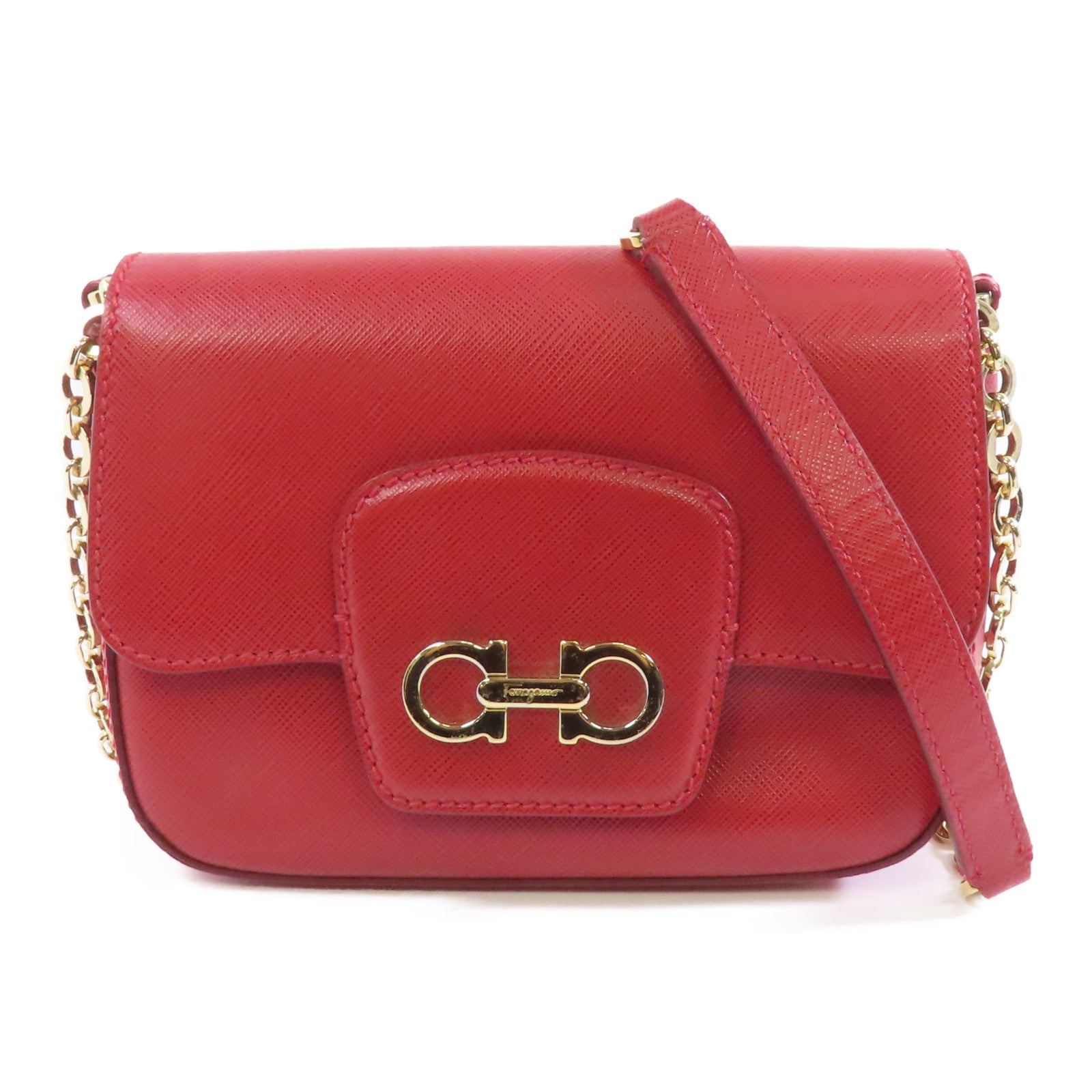 Salvatore Ferragamo 牛皮皮革Chain Shoulder金扣鏈帶肩背袋紅色