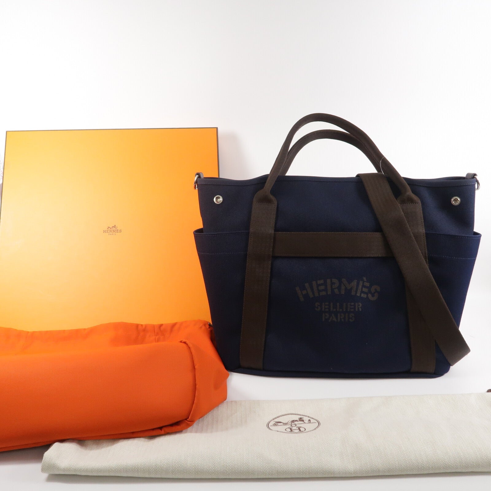 HERMES 帆布The Grooming Bag手挽肩背兩用袋Bleu France/Feu