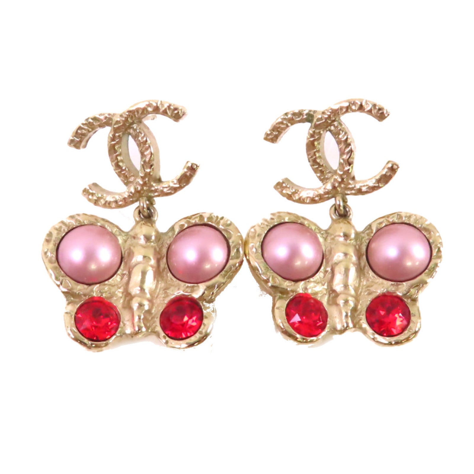 CHANEL 金屬/仿珍珠Earrings金扣耳環/紅色/淺紫色金色