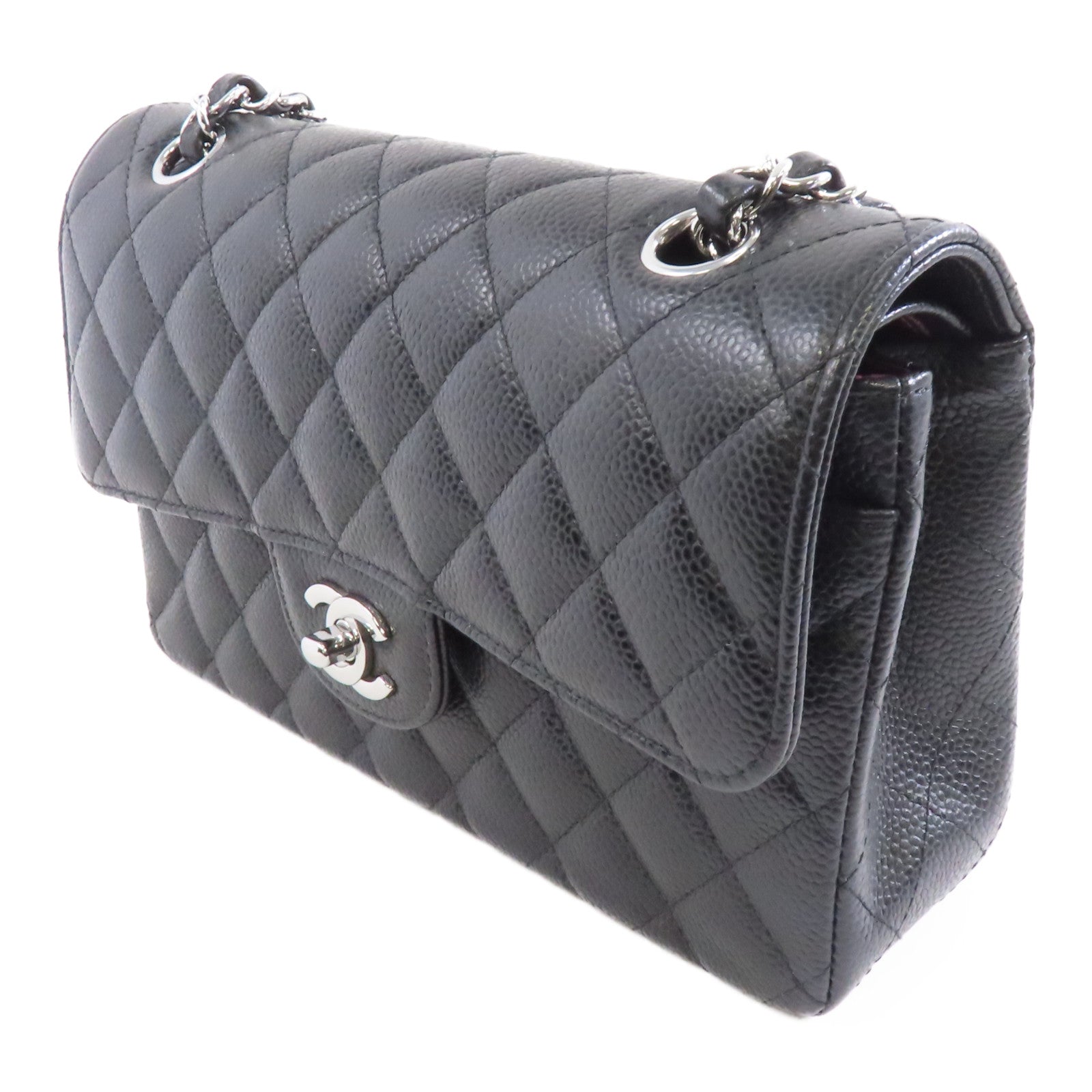 CHANEL 菱格Caviar皮革Classic Flap 23銀扣鏈帶肩背袋黑色