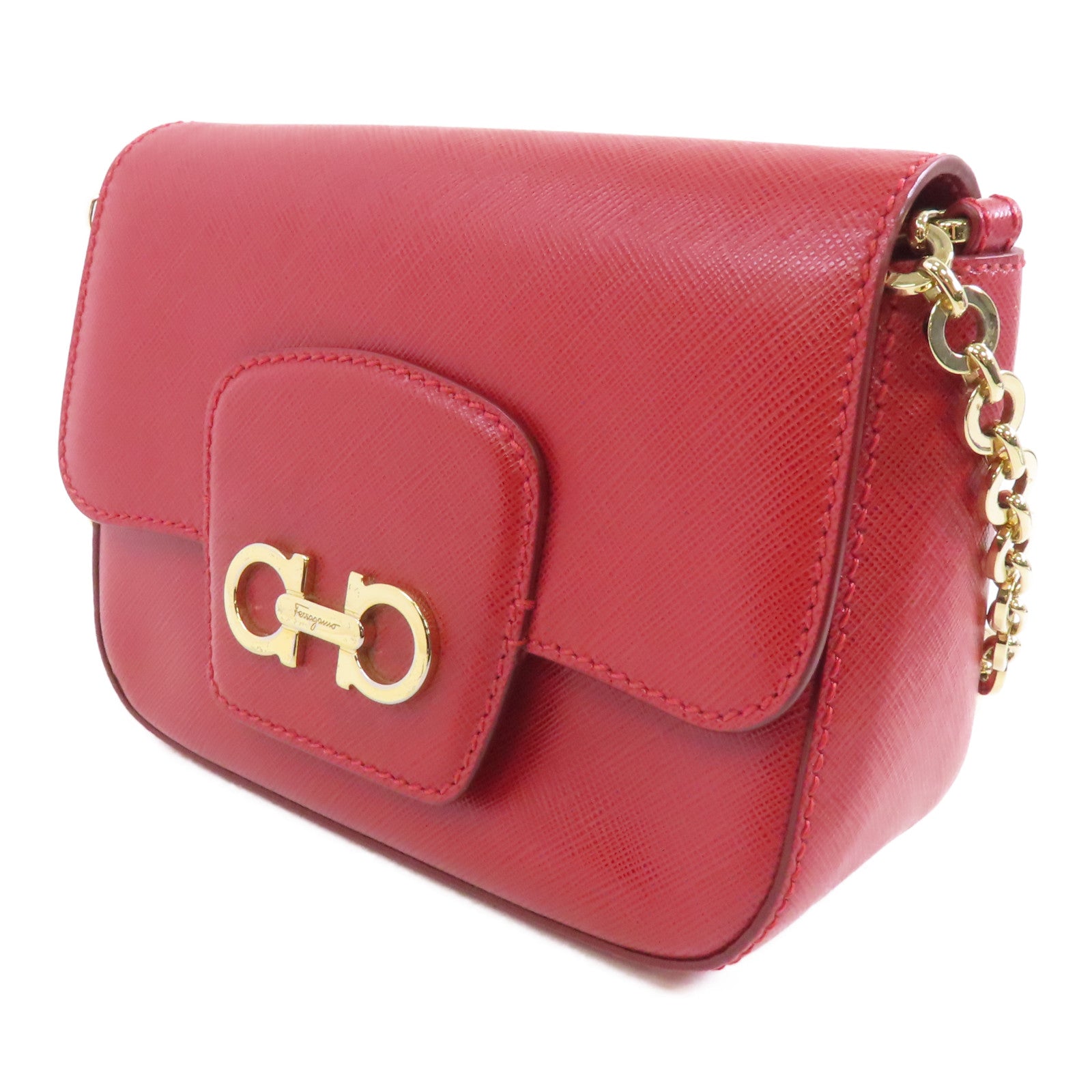Salvatore Ferragamo 牛皮皮革Chain Shoulder金扣鏈帶肩背袋紅色