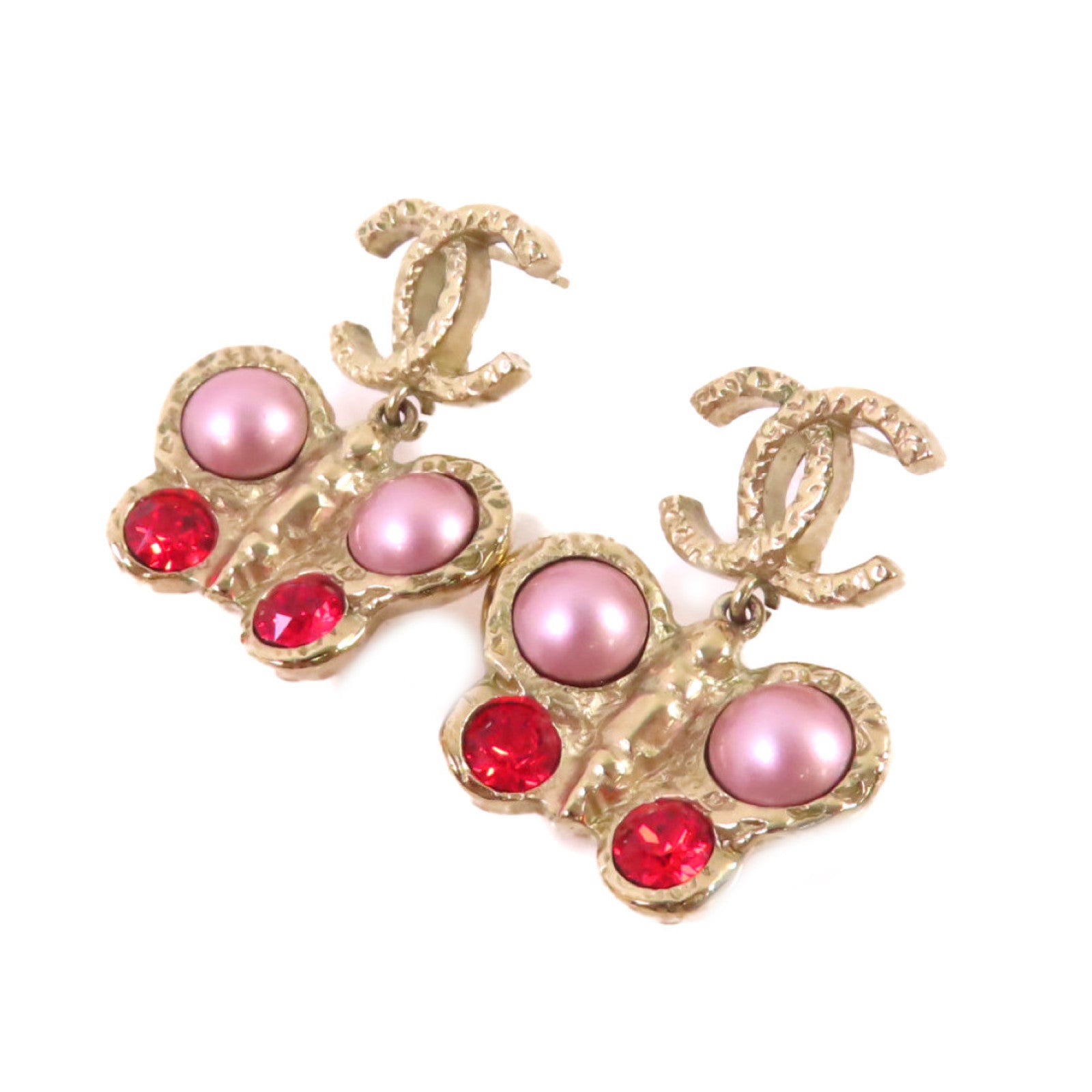 CHANEL 金屬/仿珍珠Earrings金扣耳環/紅色/淺紫色金色