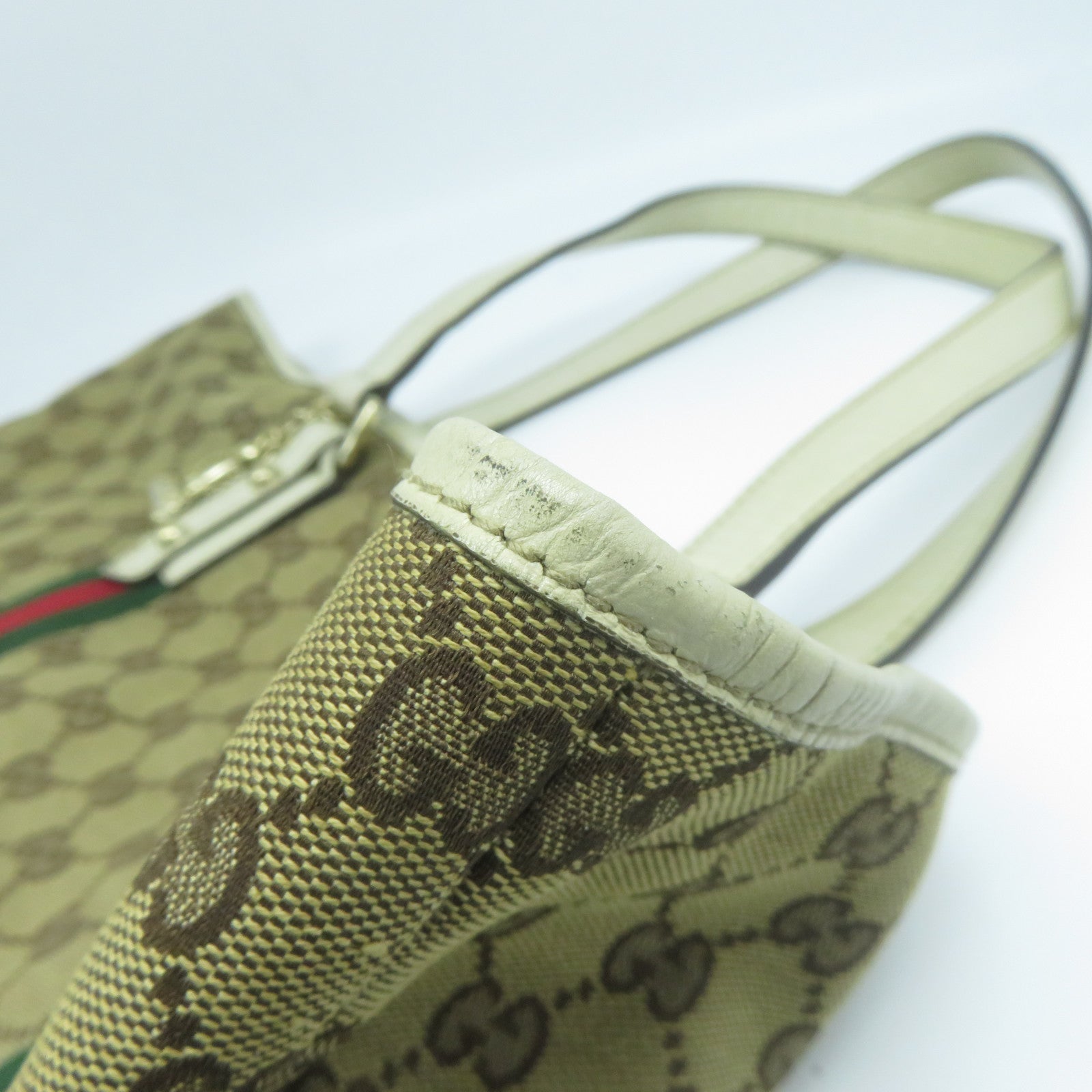GUCCI 帆布Tote Bag金扣手挽袋白色/啡色
