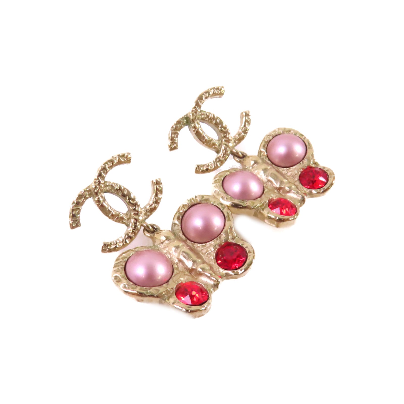 CHANEL 金屬/仿珍珠Earrings金扣耳環/紅色/淺紫色金色
