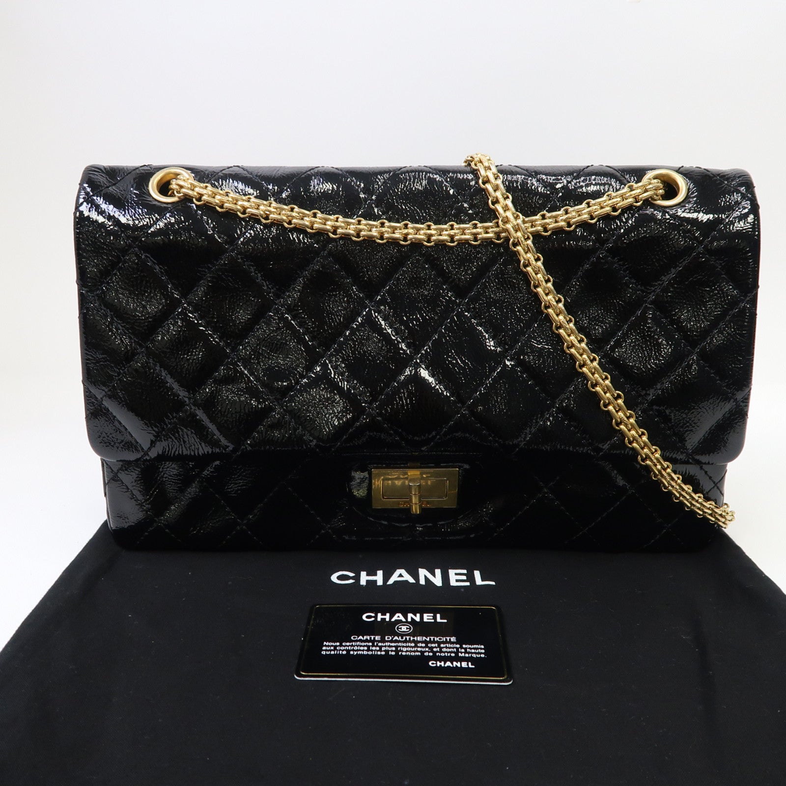 CHANEL 菱格漆皮皮革2.55金扣鏈帶肩背袋黑色