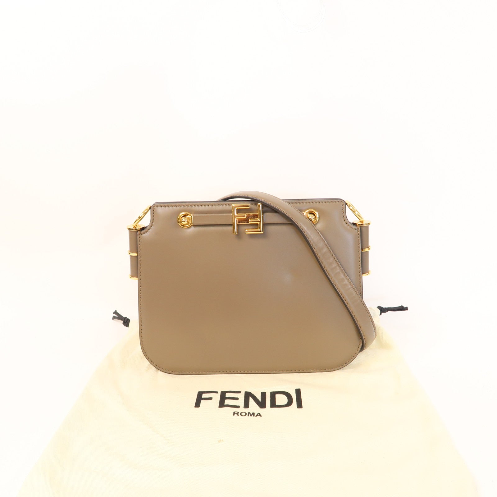 FENDI 牛皮皮革Touch FF金扣肩背袋灰色