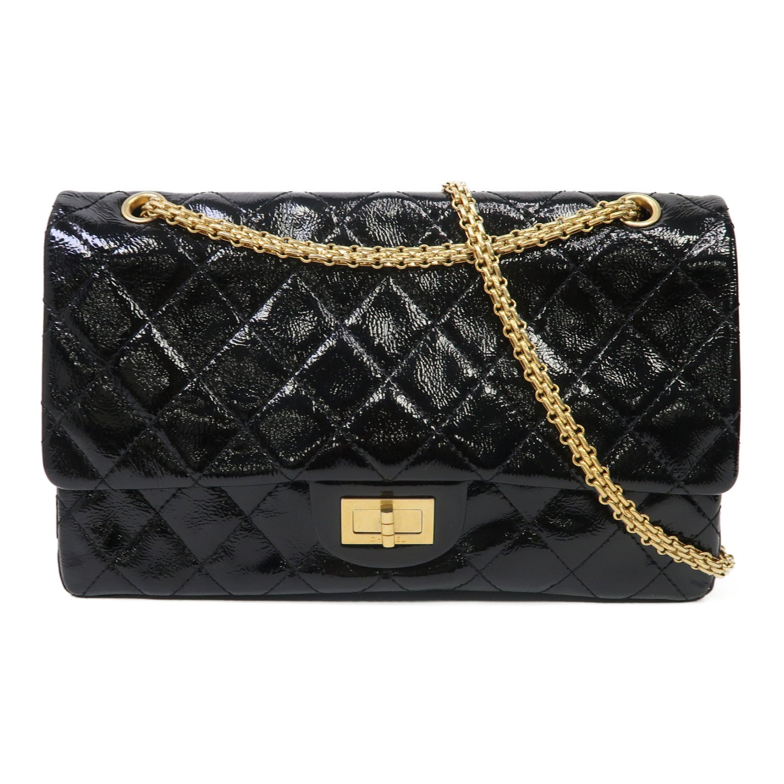 CHANEL 菱格漆皮皮革2.55金扣鏈帶肩背袋黑色
