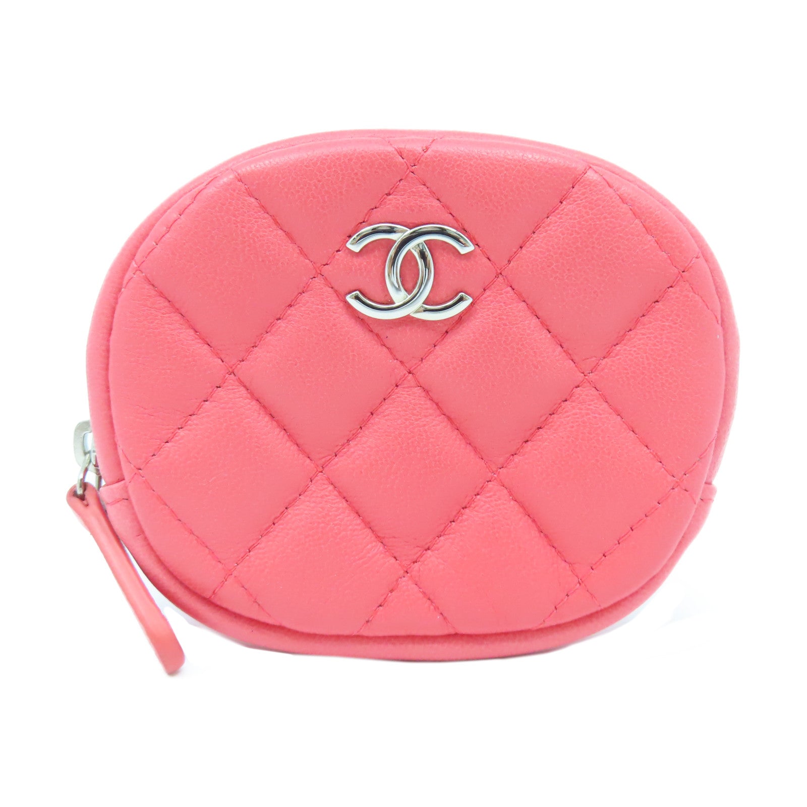 CHANEL 【激減優惠】菱格羊皮皮革Coin Case銀扣零錢包粉紅色
