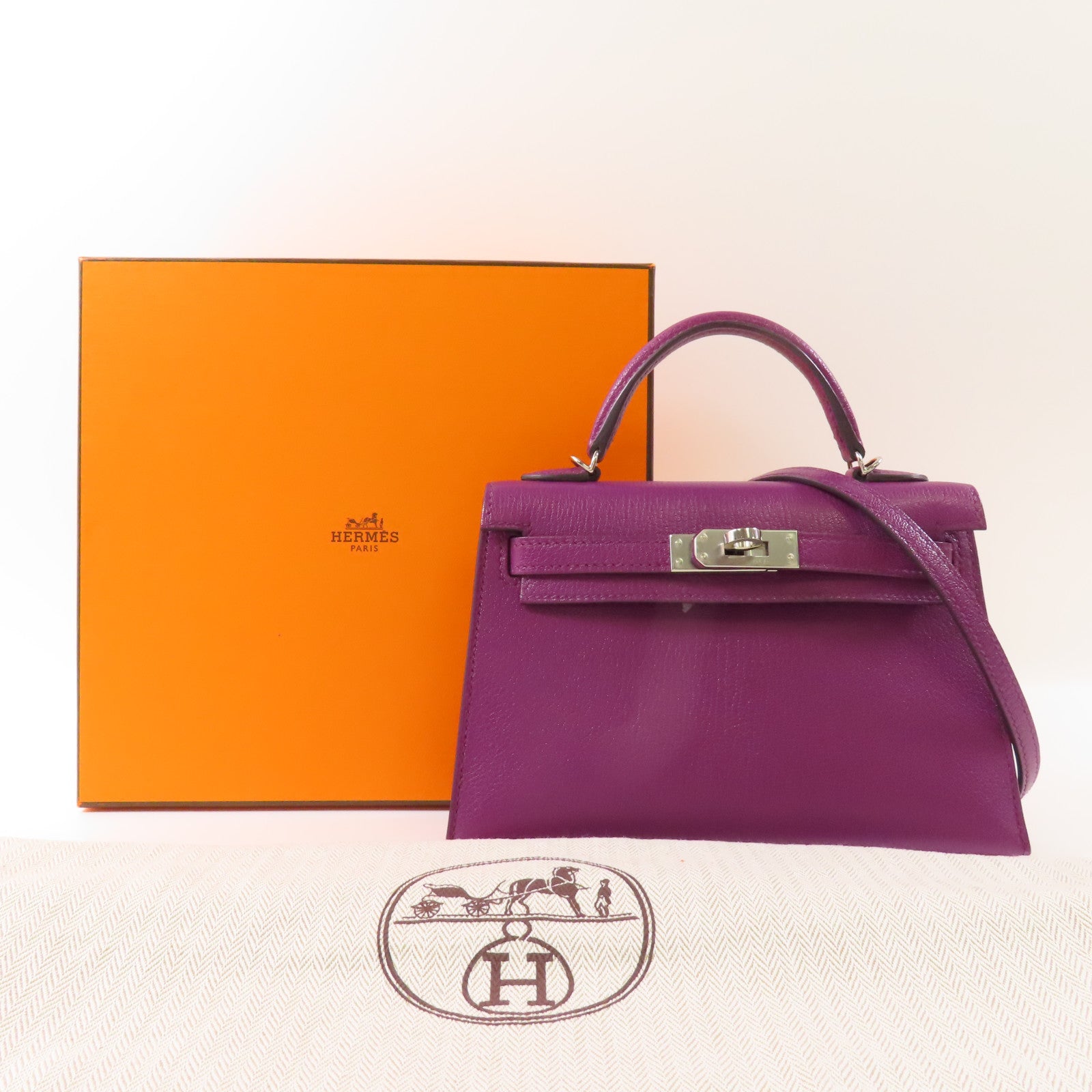 HERMES 【激減優惠】Chevre皮革Mini Kelly銀扣手挽肩背兩用袋Anemone