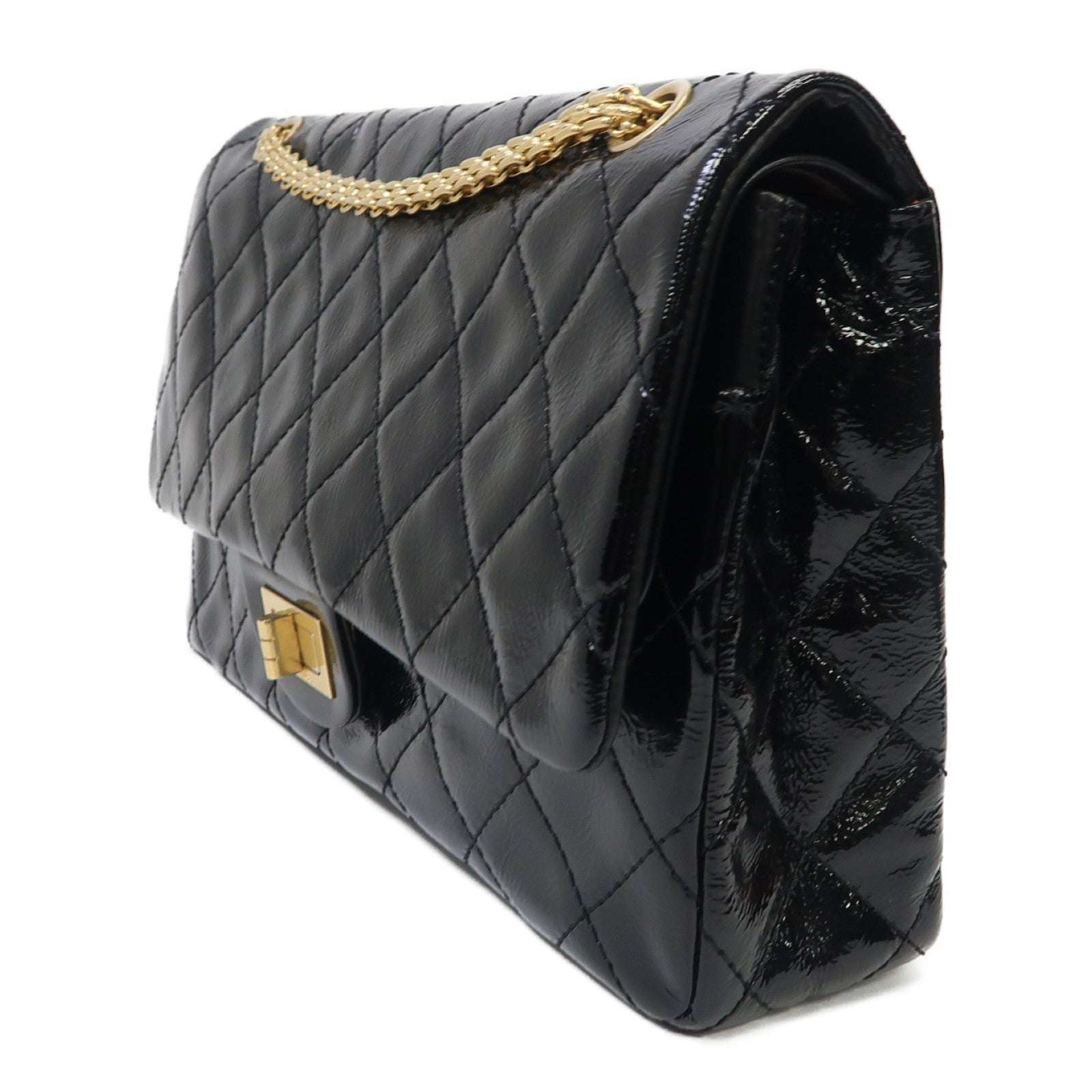 CHANEL 菱格漆皮皮革2.55金扣鏈帶肩背袋黑色