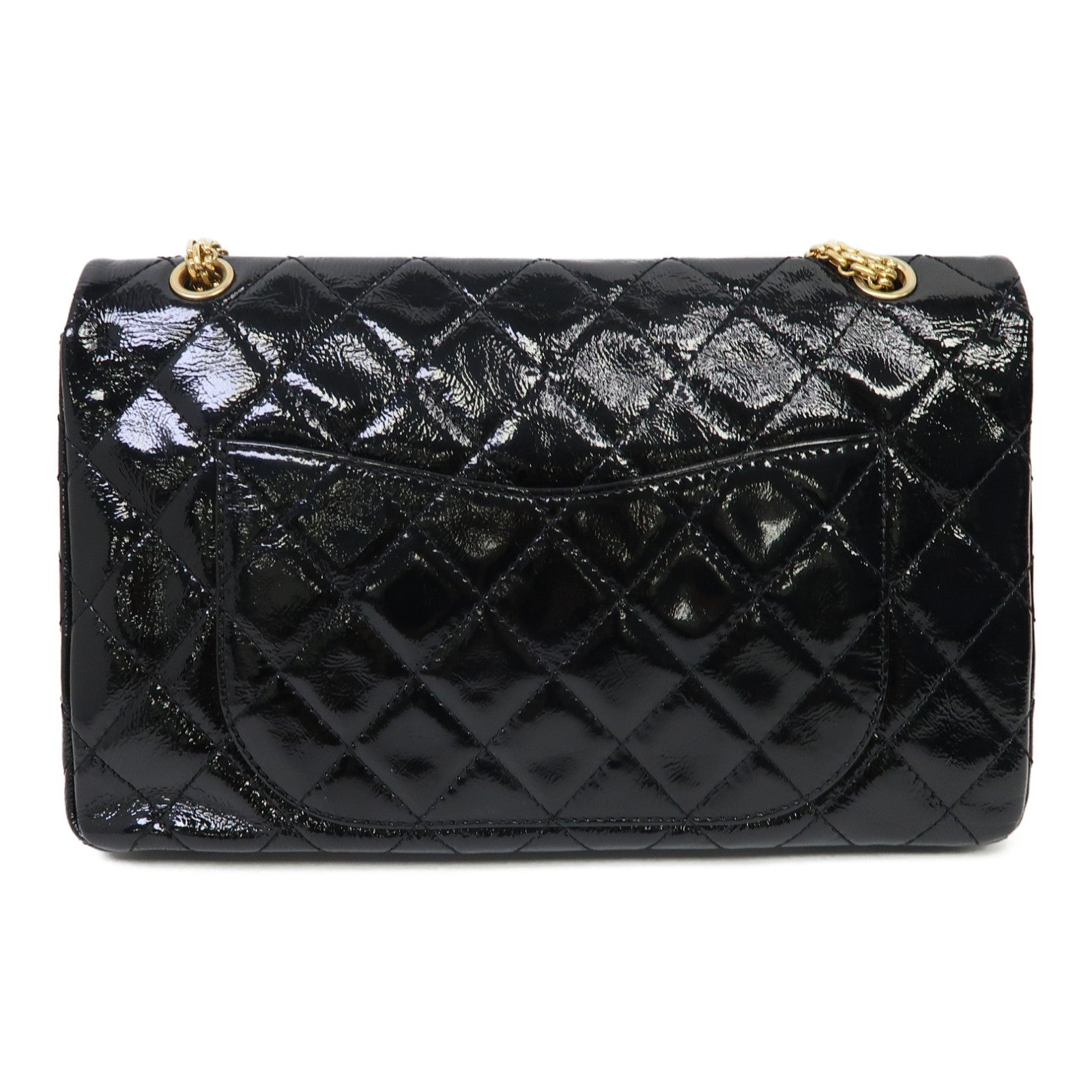 CHANEL 菱格漆皮皮革2.55金扣鏈帶肩背袋黑色