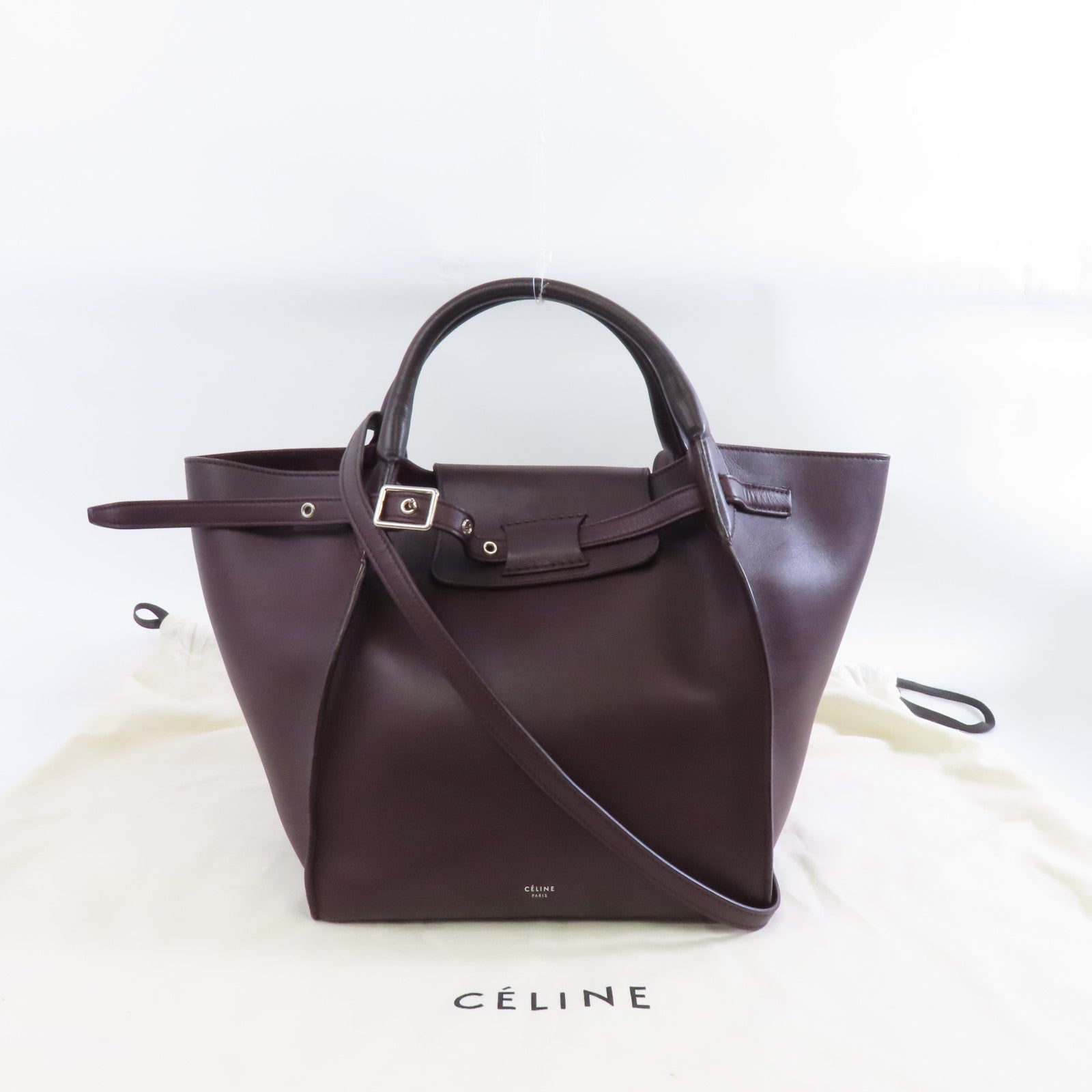 CELINE 牛皮皮革2way Shoulder Bag銀扣手挽肩背兩用袋酒紅色