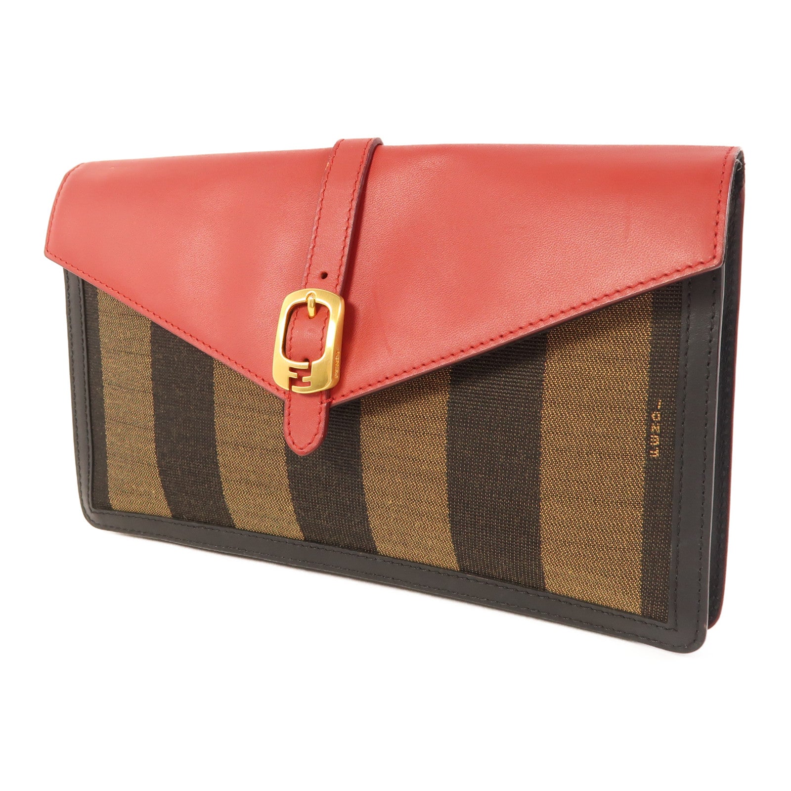 FENDI GHW Pequin Envelope Clutch Bag 8M0284 Canvas Calfskin Leather Brown Red