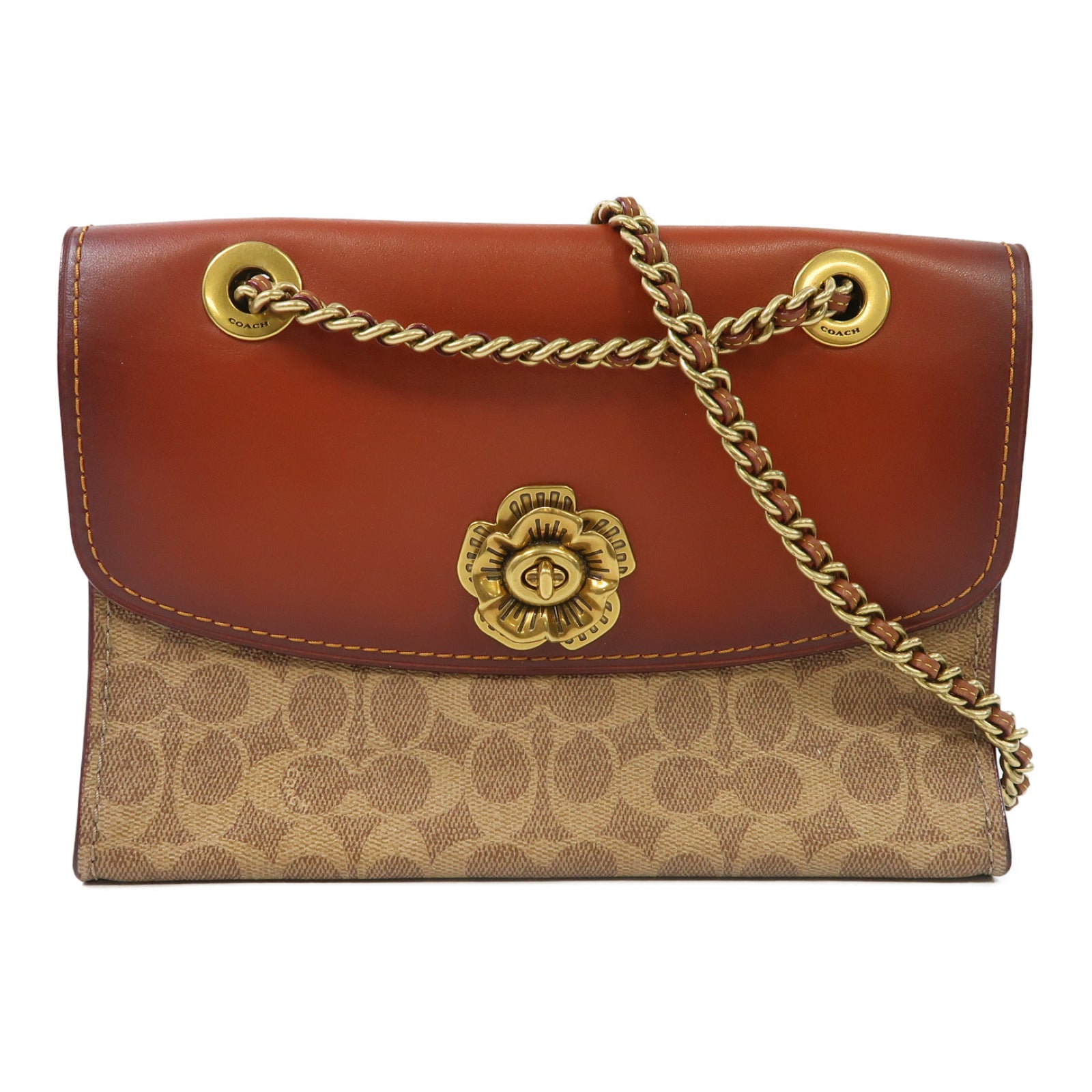 COACH 牛皮皮革Shoulder Bag金扣鏈帶肩背袋啡色