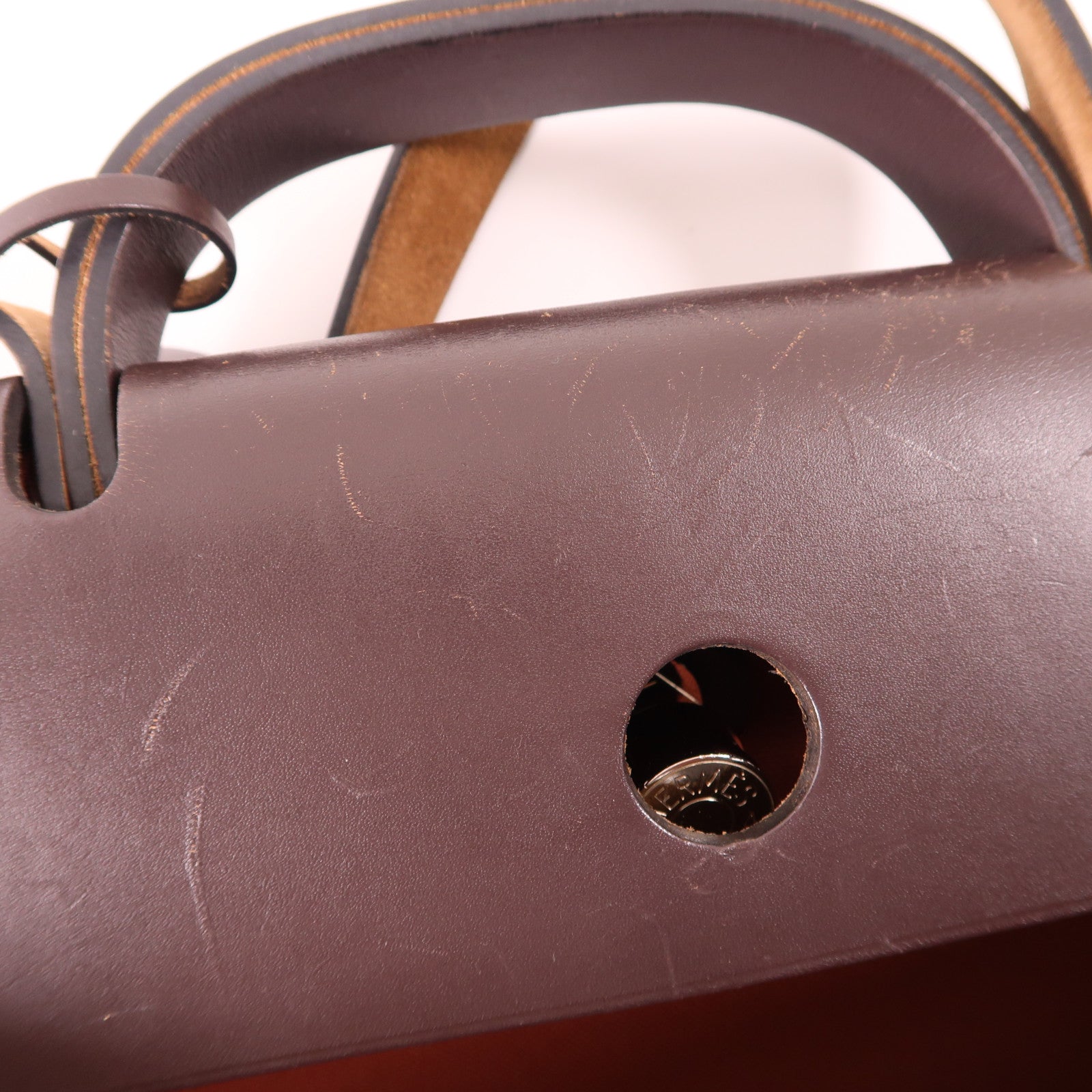 HERMES 帆布Herbag GM銀扣手挽肩背兩用袋Brique棕色