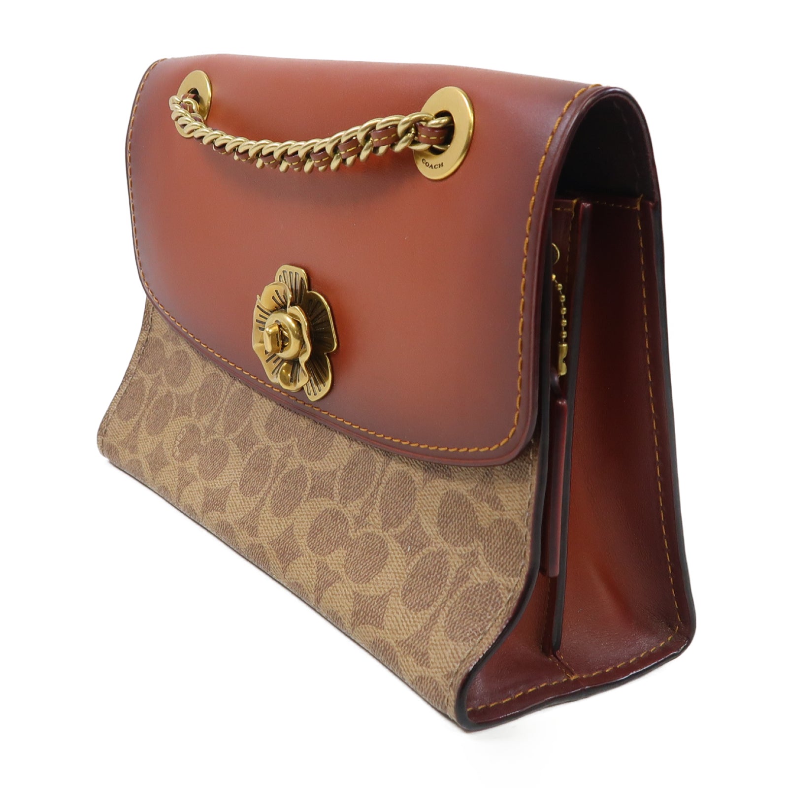 COACH 牛皮皮革Shoulder Bag金扣鏈帶肩背袋啡色
