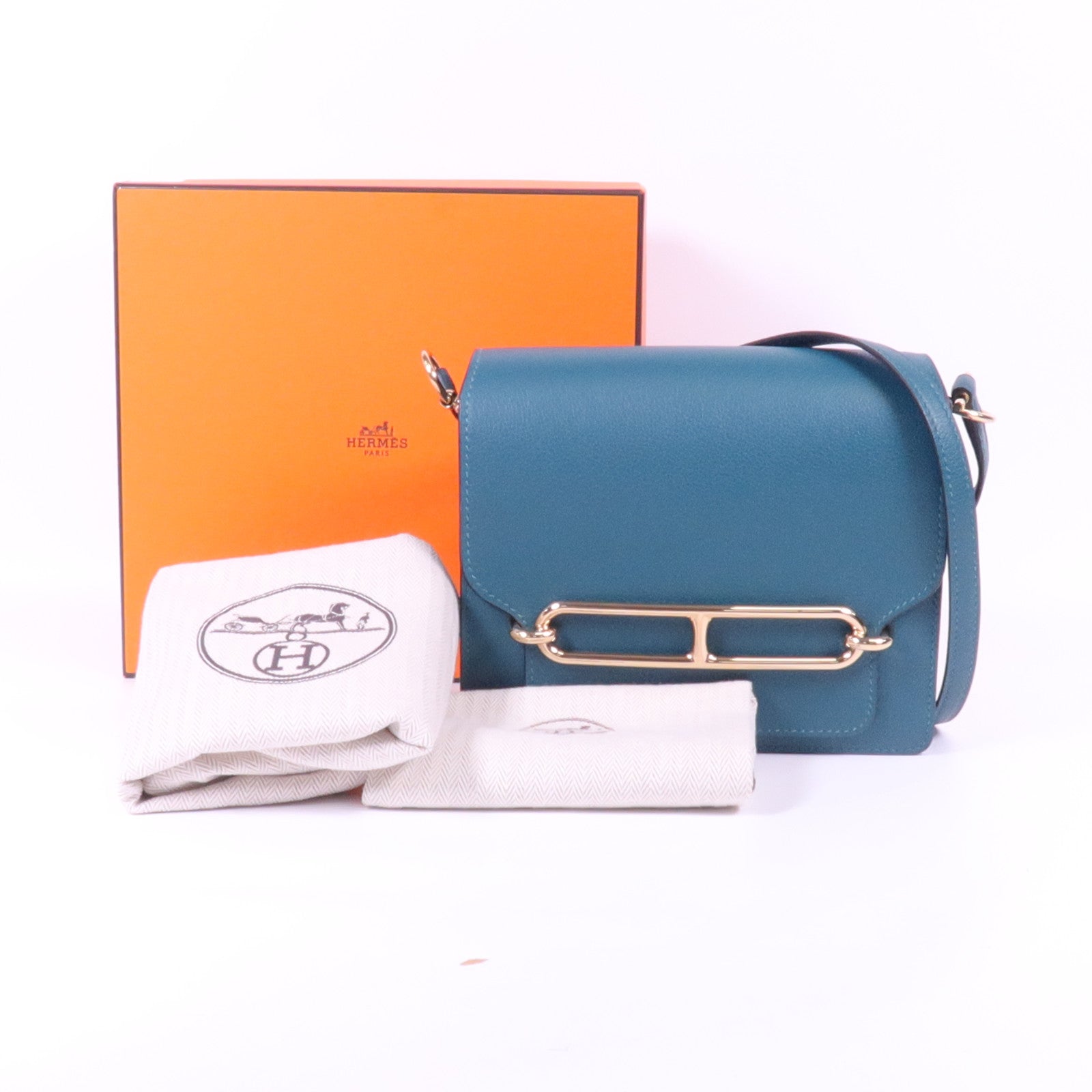 HERMES Evercolor皮革Roulis Mini金扣肩背袋Vert Bosphore