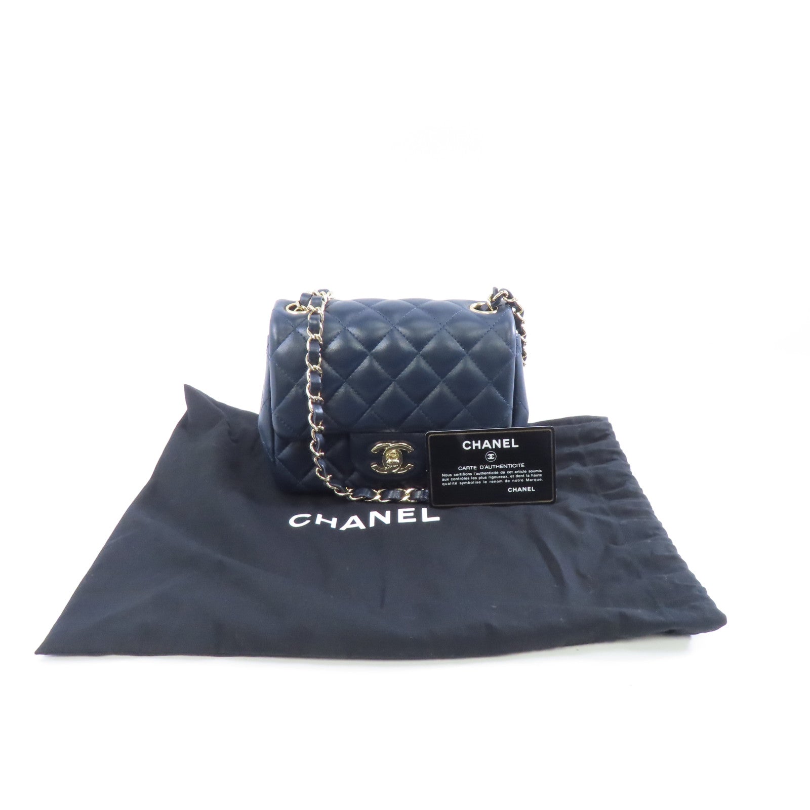 CHANEL 菱格羊皮皮革Chain Shoulder Bag金扣鏈帶肩背袋深藍色