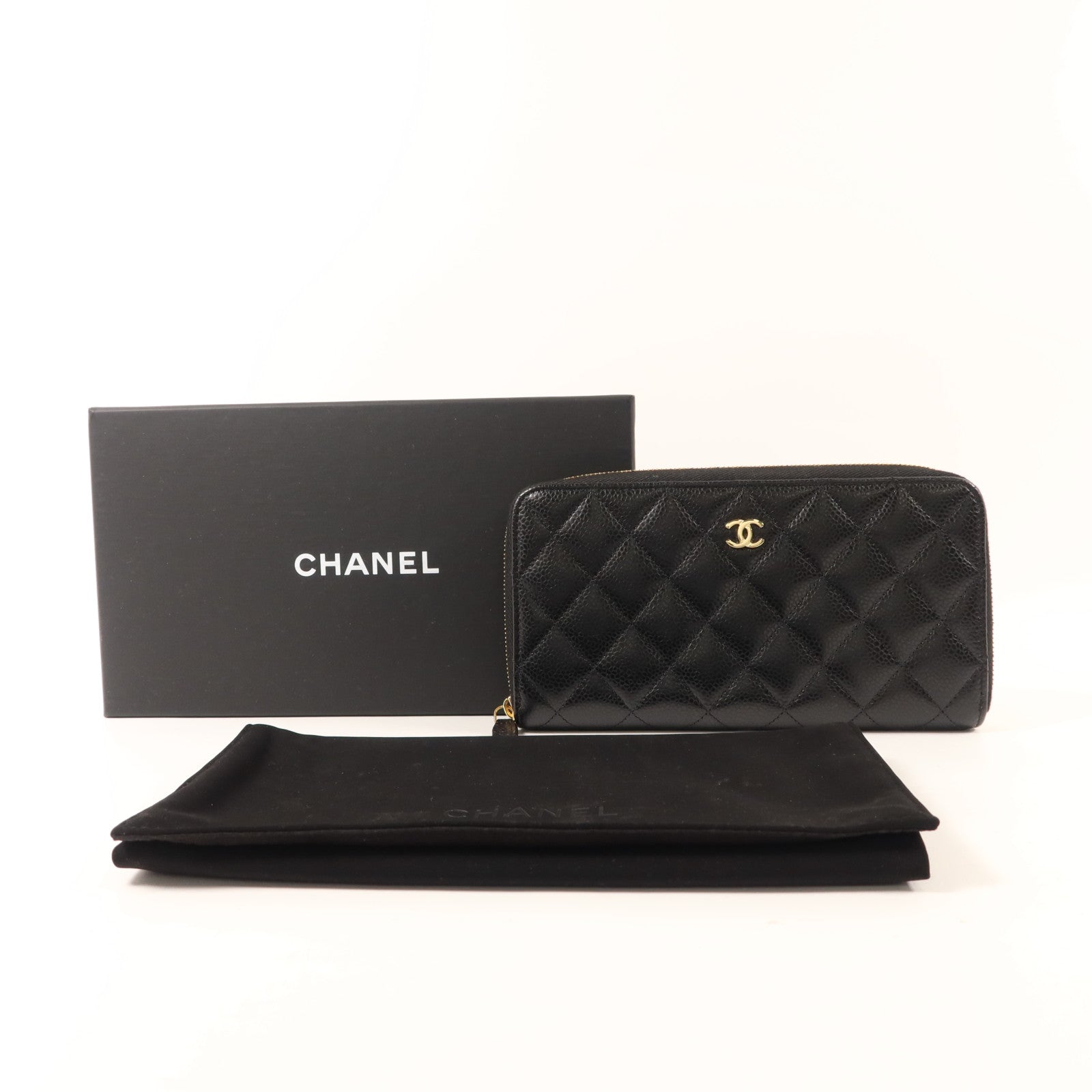CHANEL 牛皮皮革Long Zipper Wallet金扣長錢包