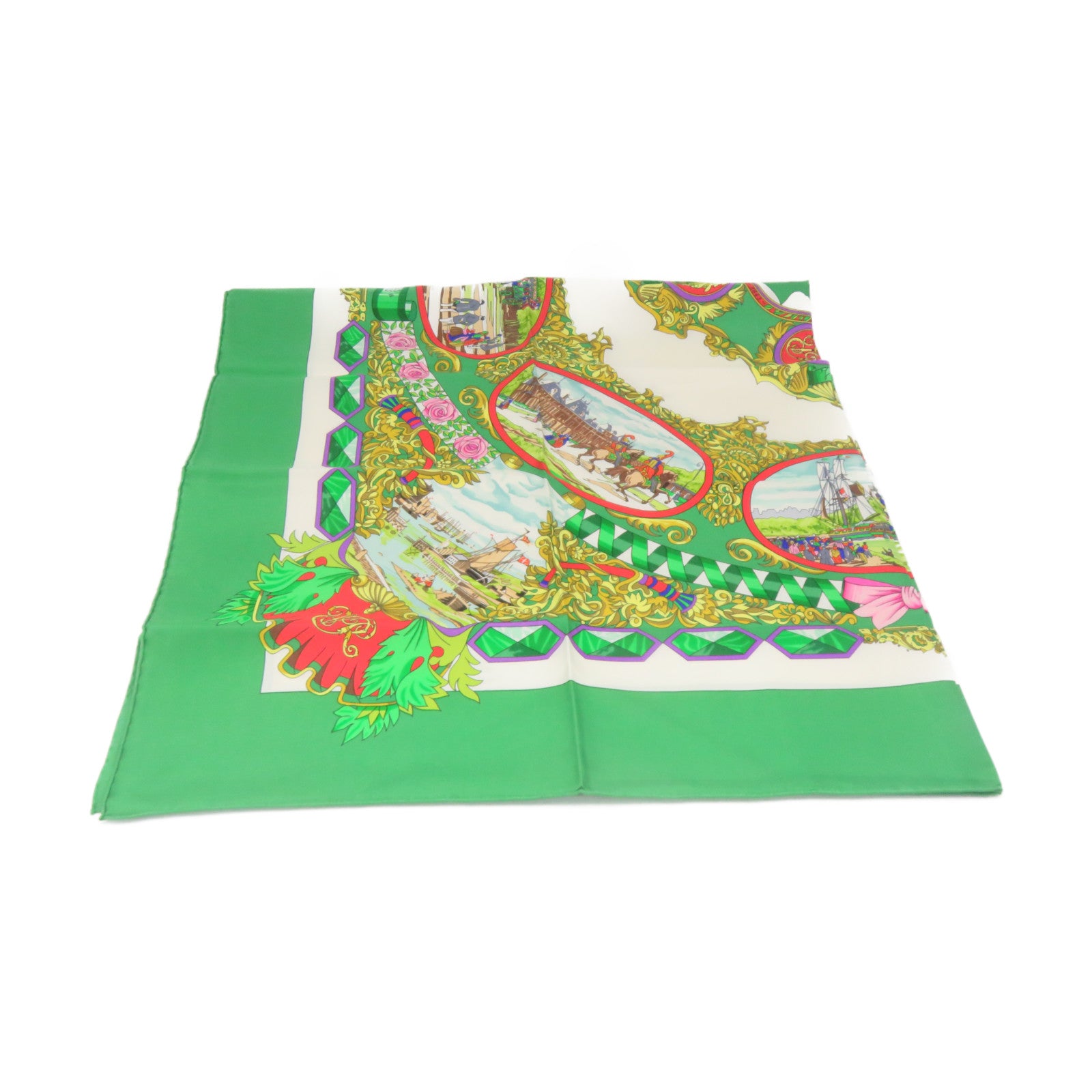 HERMES 【激減優惠】絲質Scarf 90x90絲巾綠色/彩色