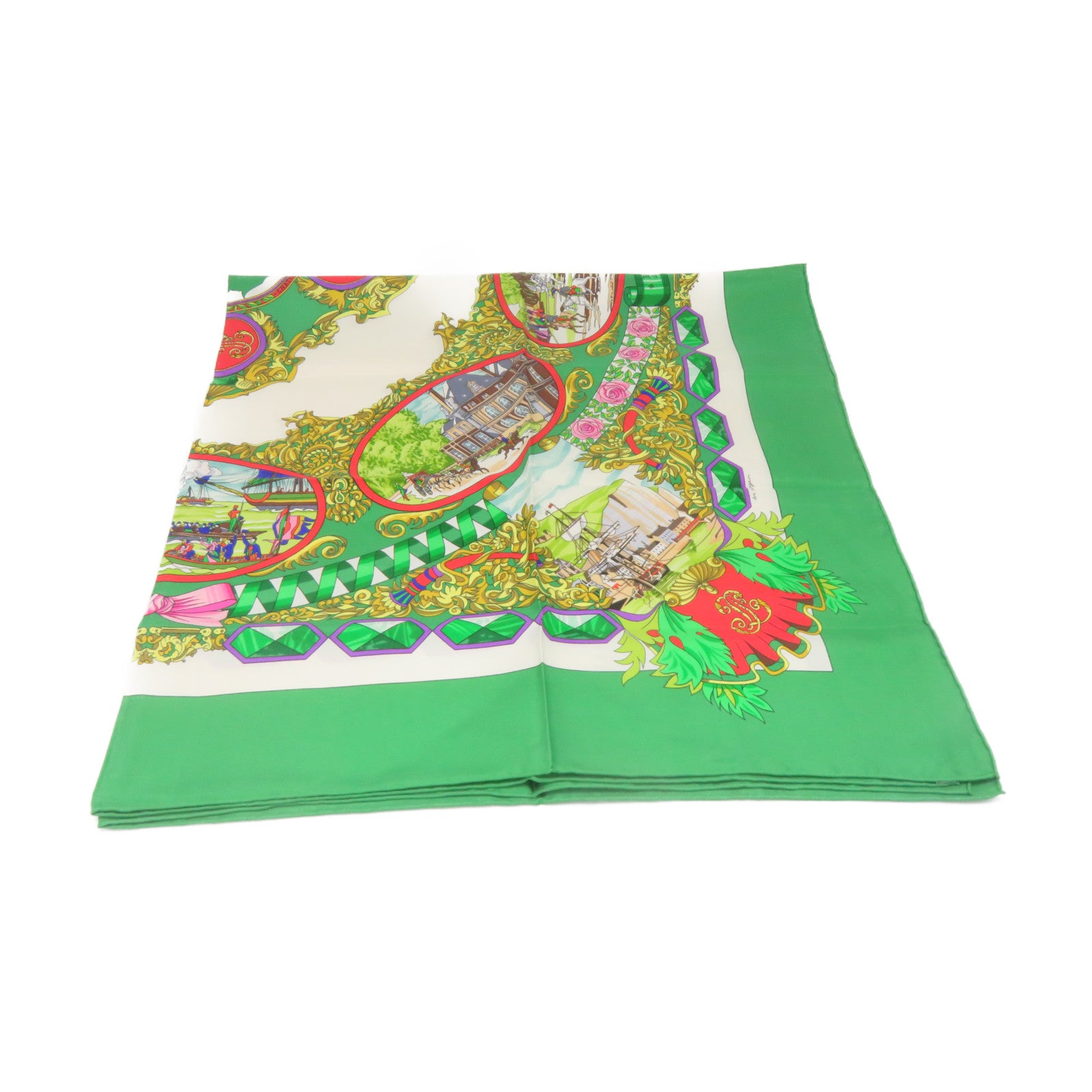 HERMES 【激減優惠】絲質Scarf 90x90絲巾綠色/彩色