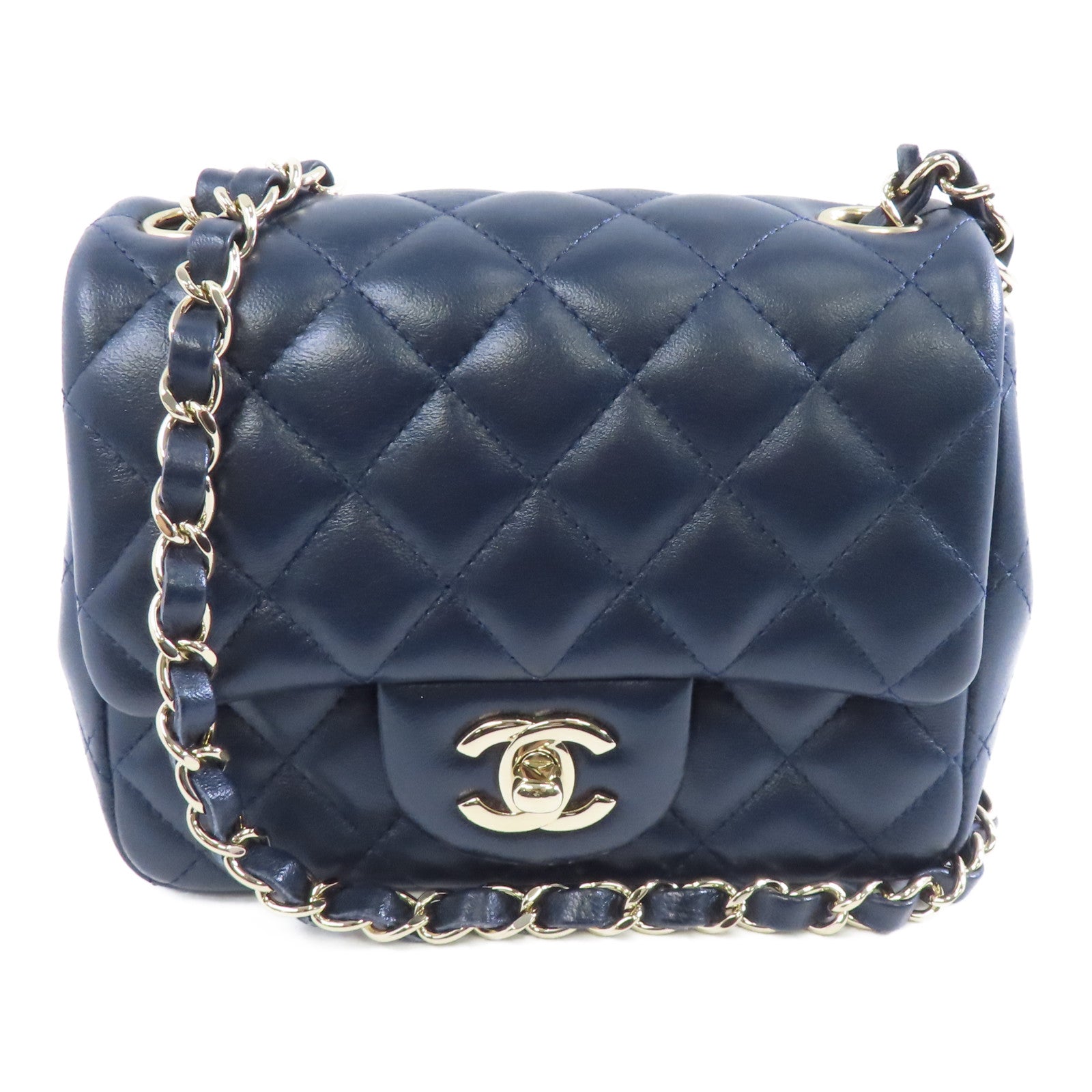 CHANEL 菱格羊皮皮革Chain Shoulder Bag金扣鏈帶肩背袋深藍色