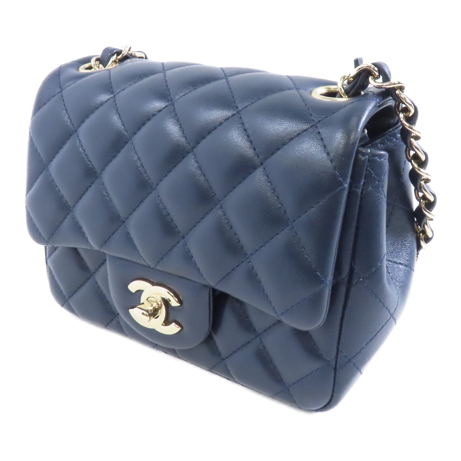 CHANEL 菱格羊皮皮革Chain Shoulder Bag金扣鏈帶肩背袋深藍色