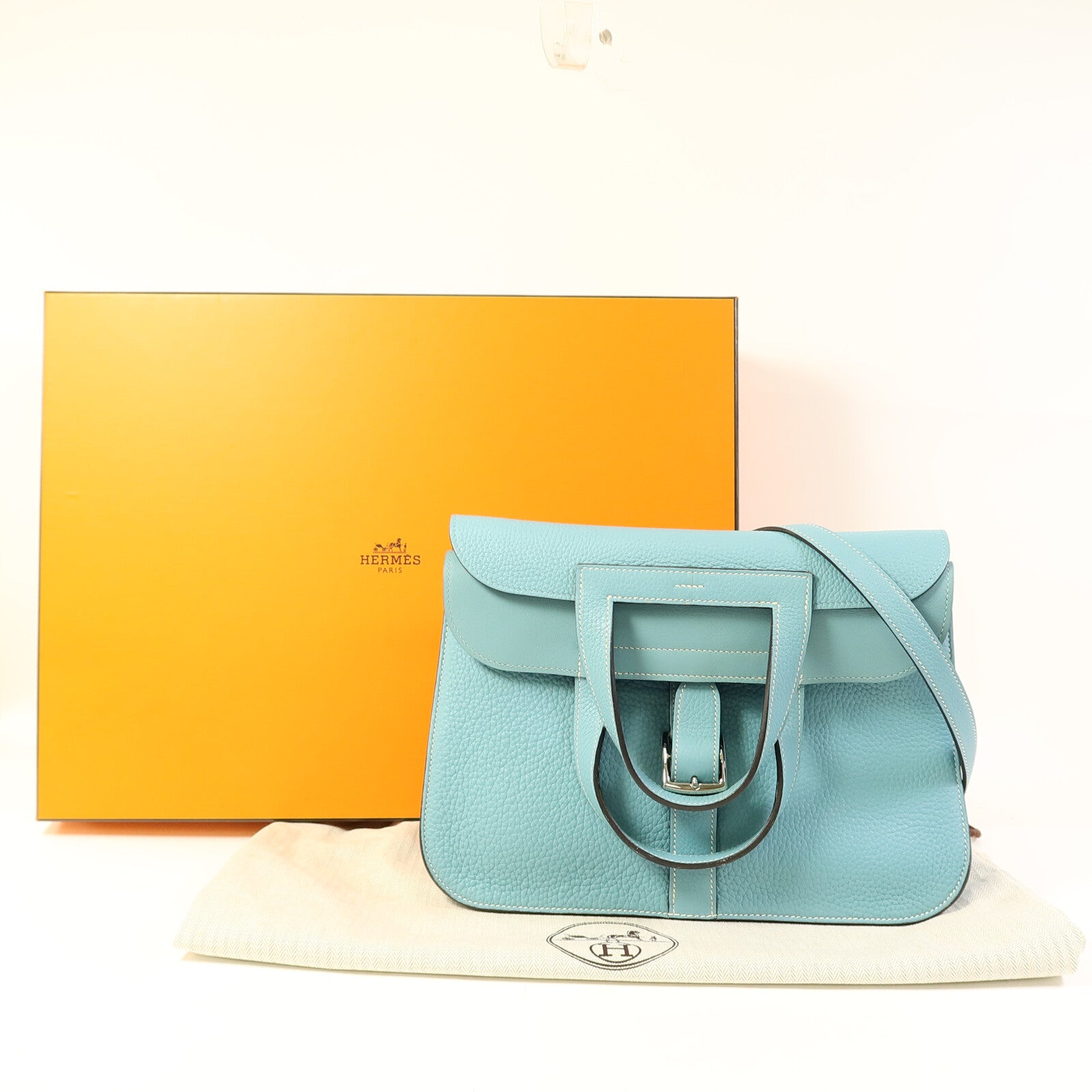 HERMES Clemence皮革Halzan 31銀扣手挽肩背兩用袋Bleu Saint