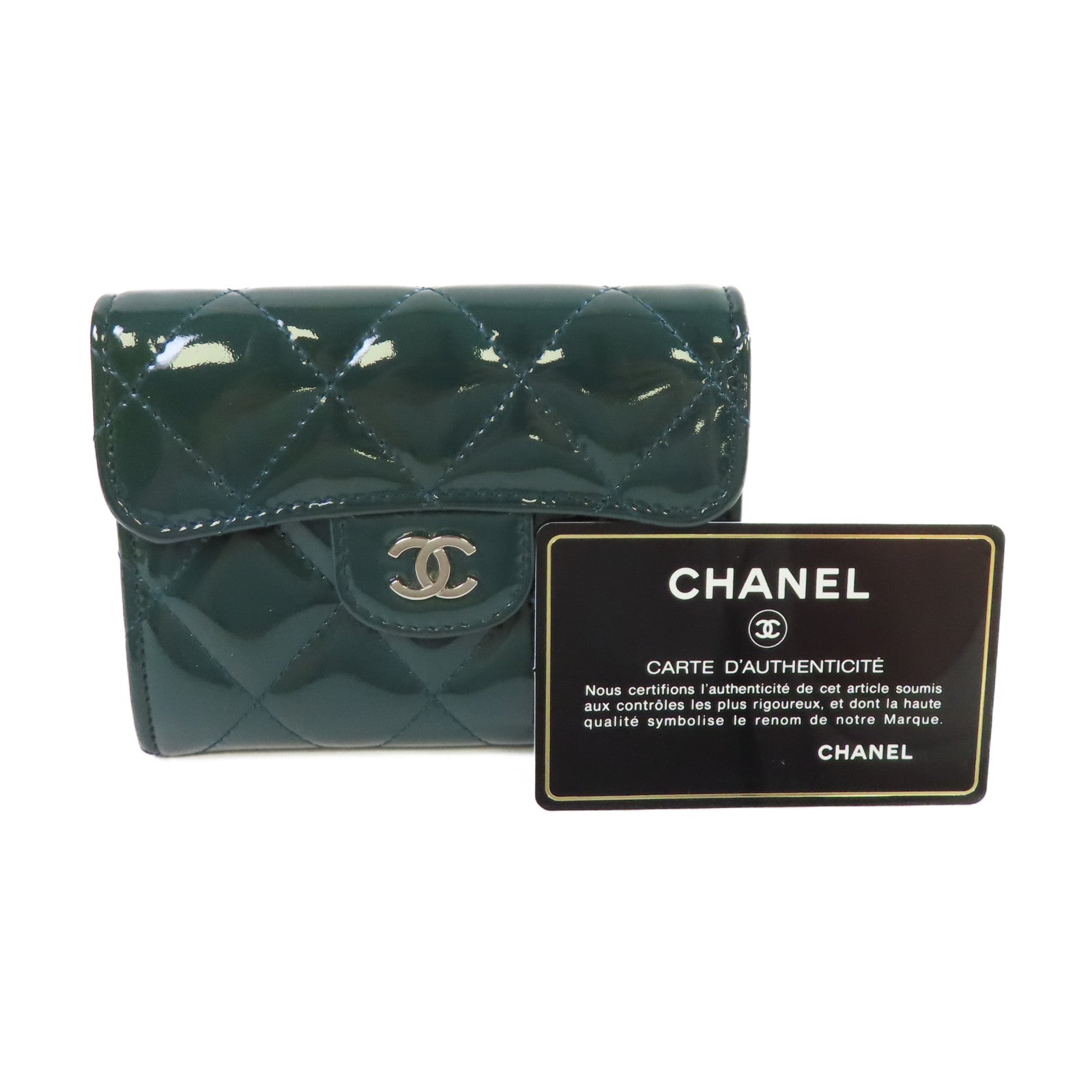 CHANEL 菱格漆皮皮革Card Coin Case銀扣卡片套/零錢包綠色