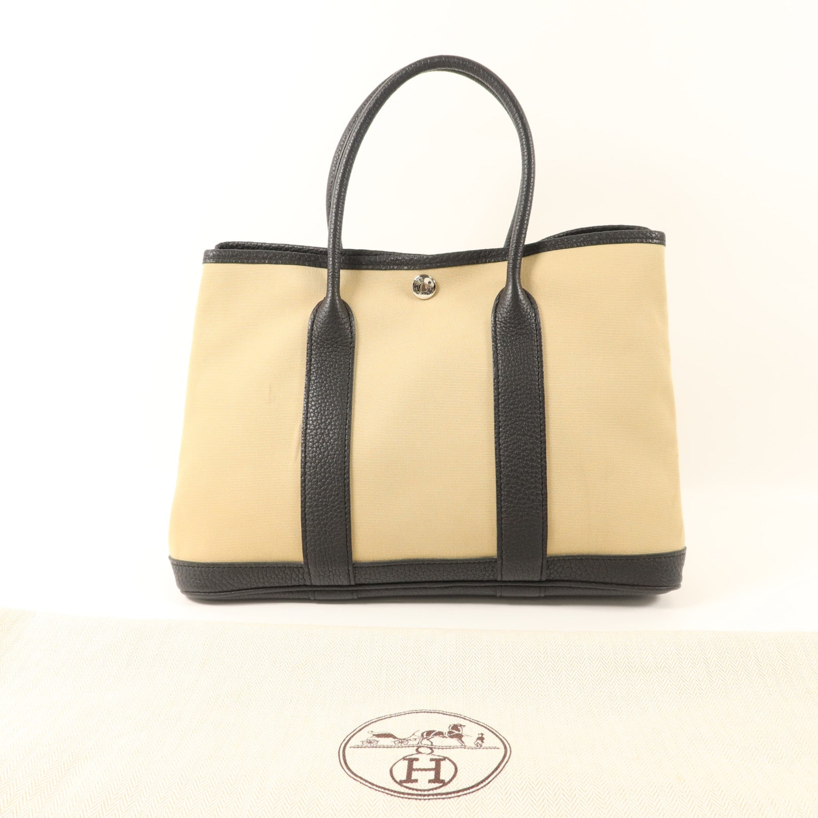 HERMES Negonda皮革/帆布Garden Party TPM銀扣手挽袋Trench/Noir